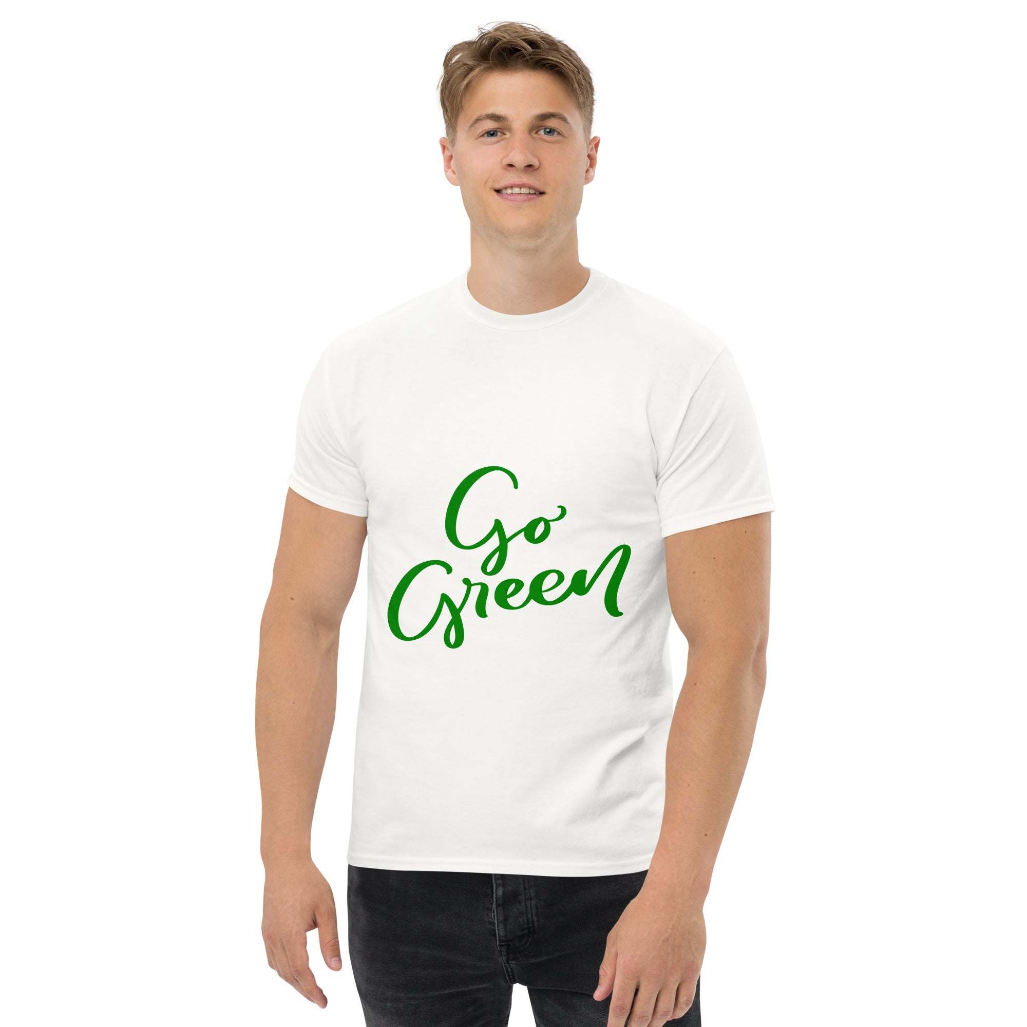 Man wearing white Go Green T-Shirt with green eco-friendly message text