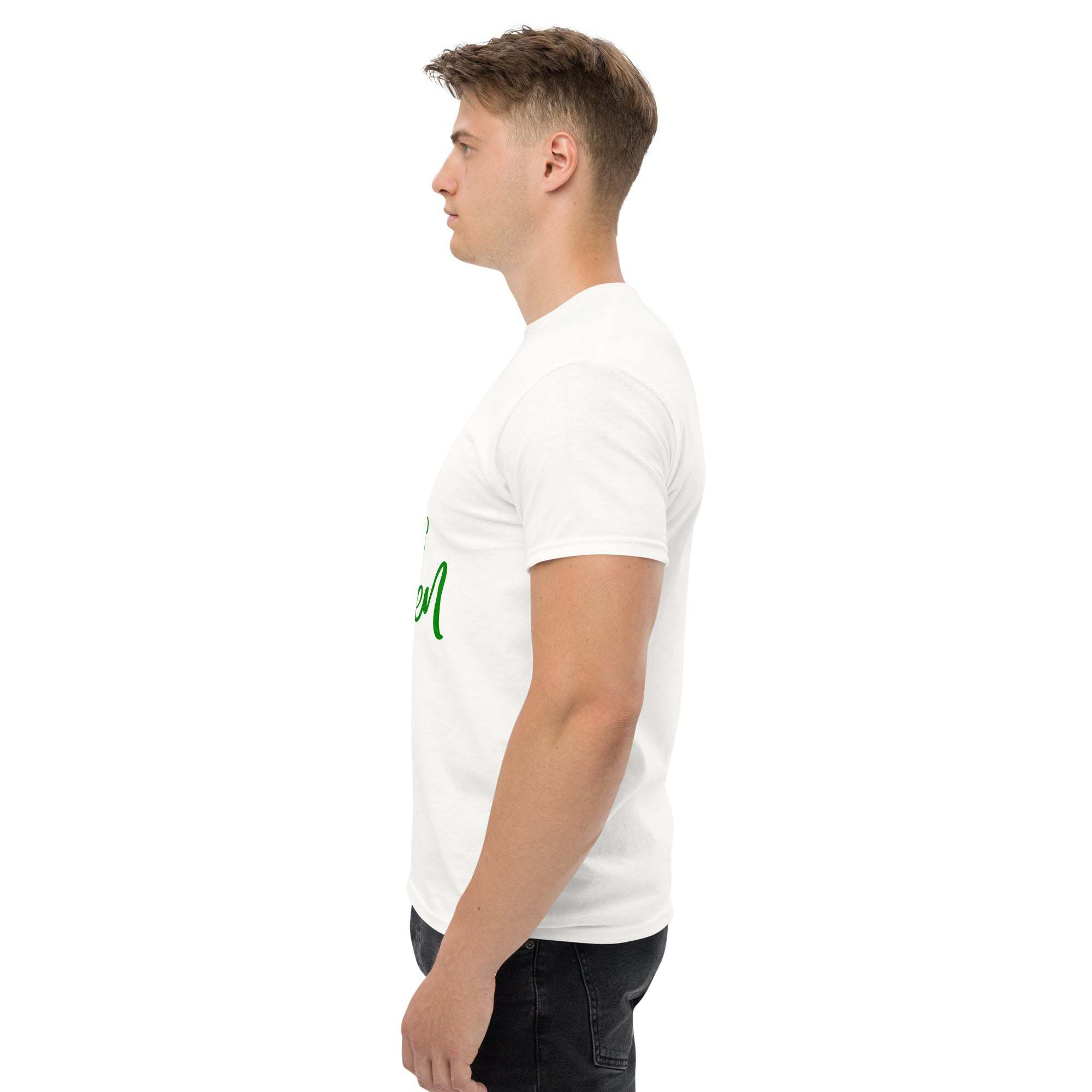 Side view of man wearing white Go Green eco-friendly T-shirt made from sustainable materials