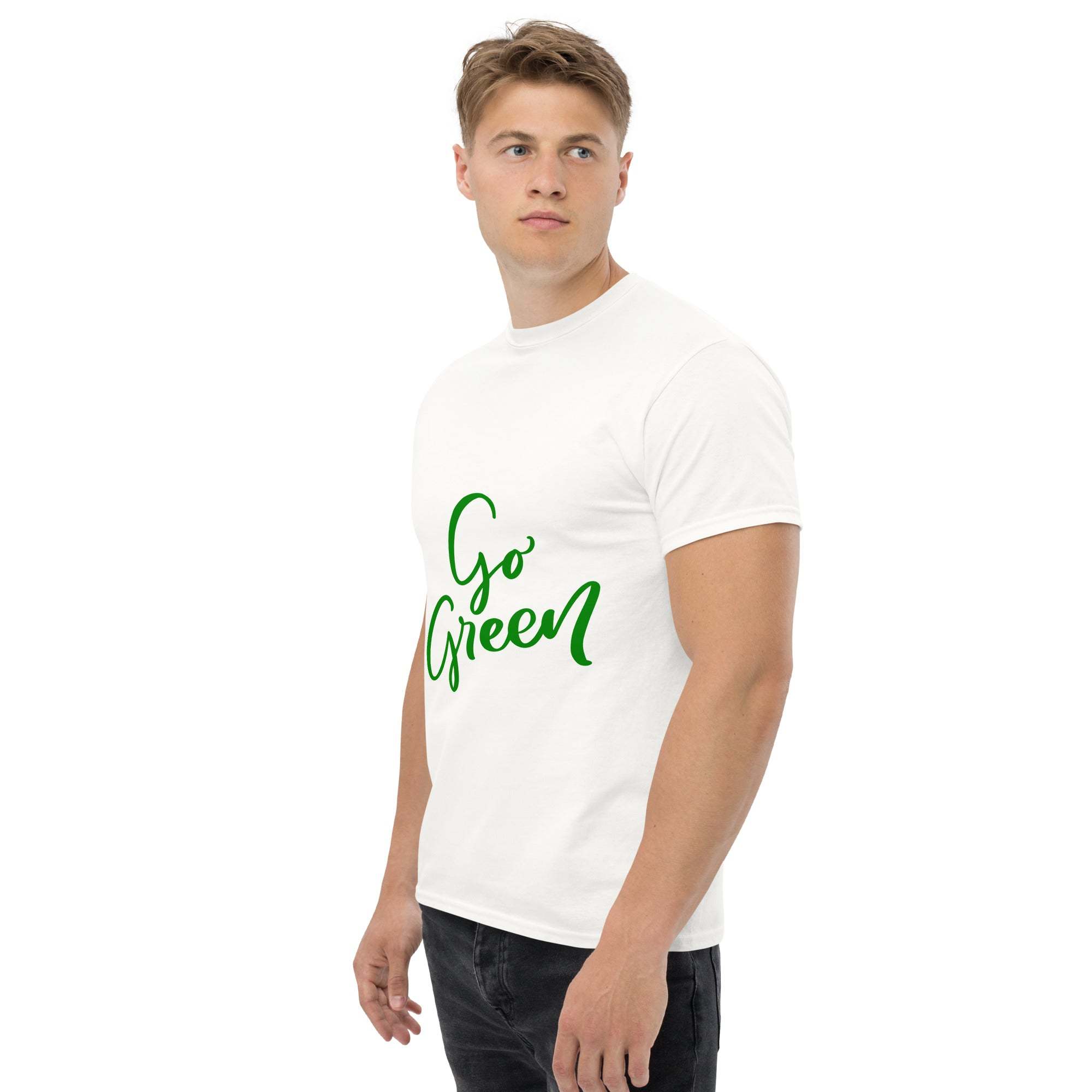 Man wearing white Go Green T-Shirt with green eco-friendly text design