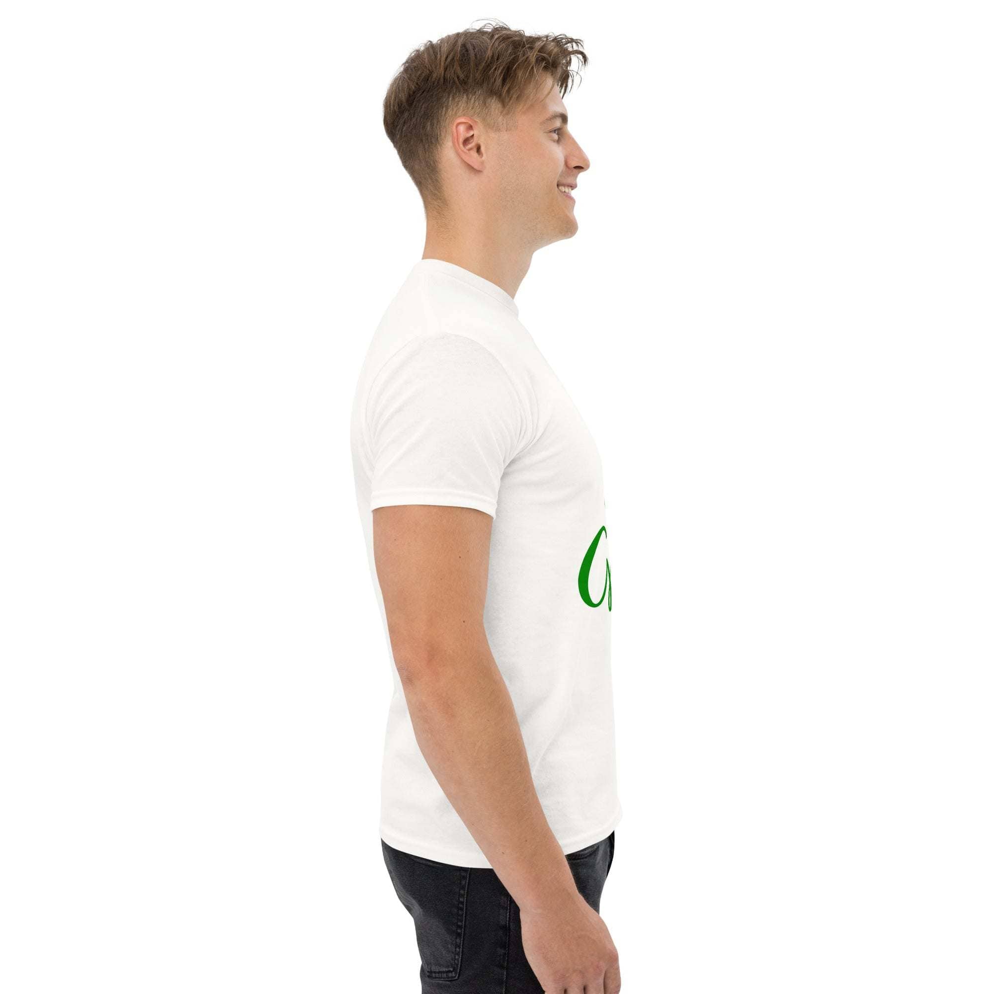 Side view of a man wearing a white Go Green T-Shirt made from sustainable materials, showcasing eco-friendly fashion.
