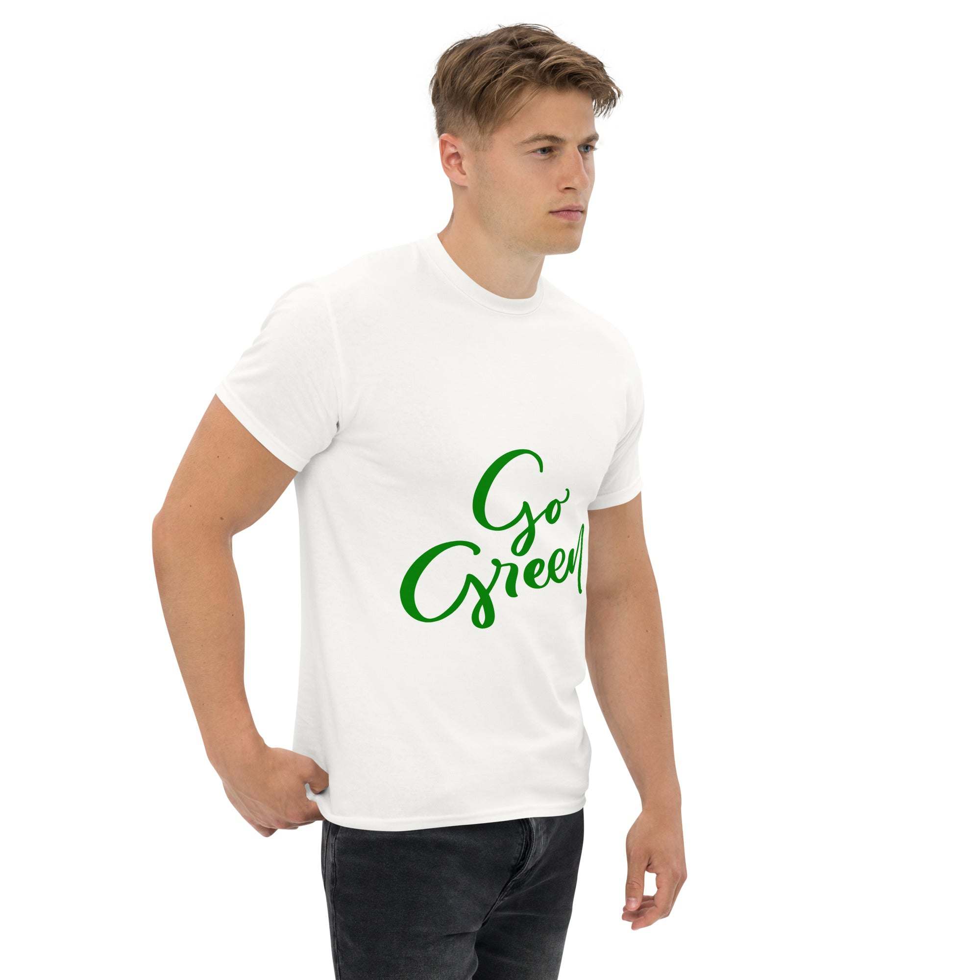 Male model wearing white Go Green T-Shirt with green eco-friendly text design