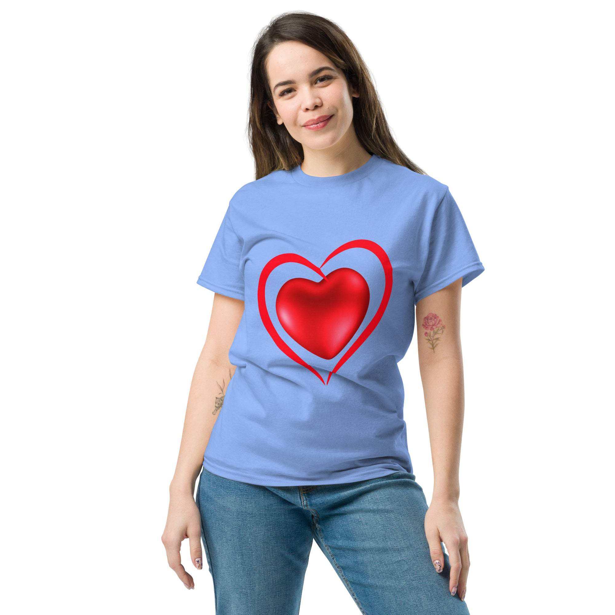 Woman wearing blue Heart T-Shirt with red heart graphic print