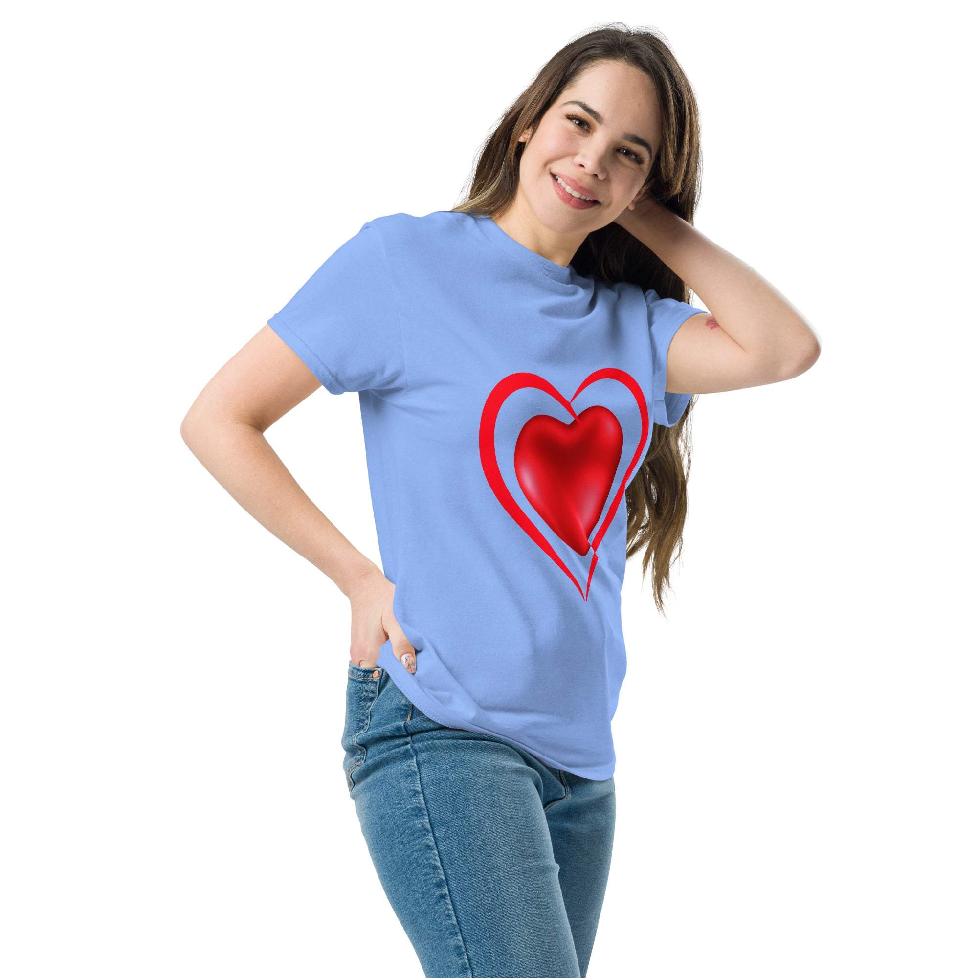 Woman wearing light blue heart t-shirt with red heart graphic, casual romantic style tee