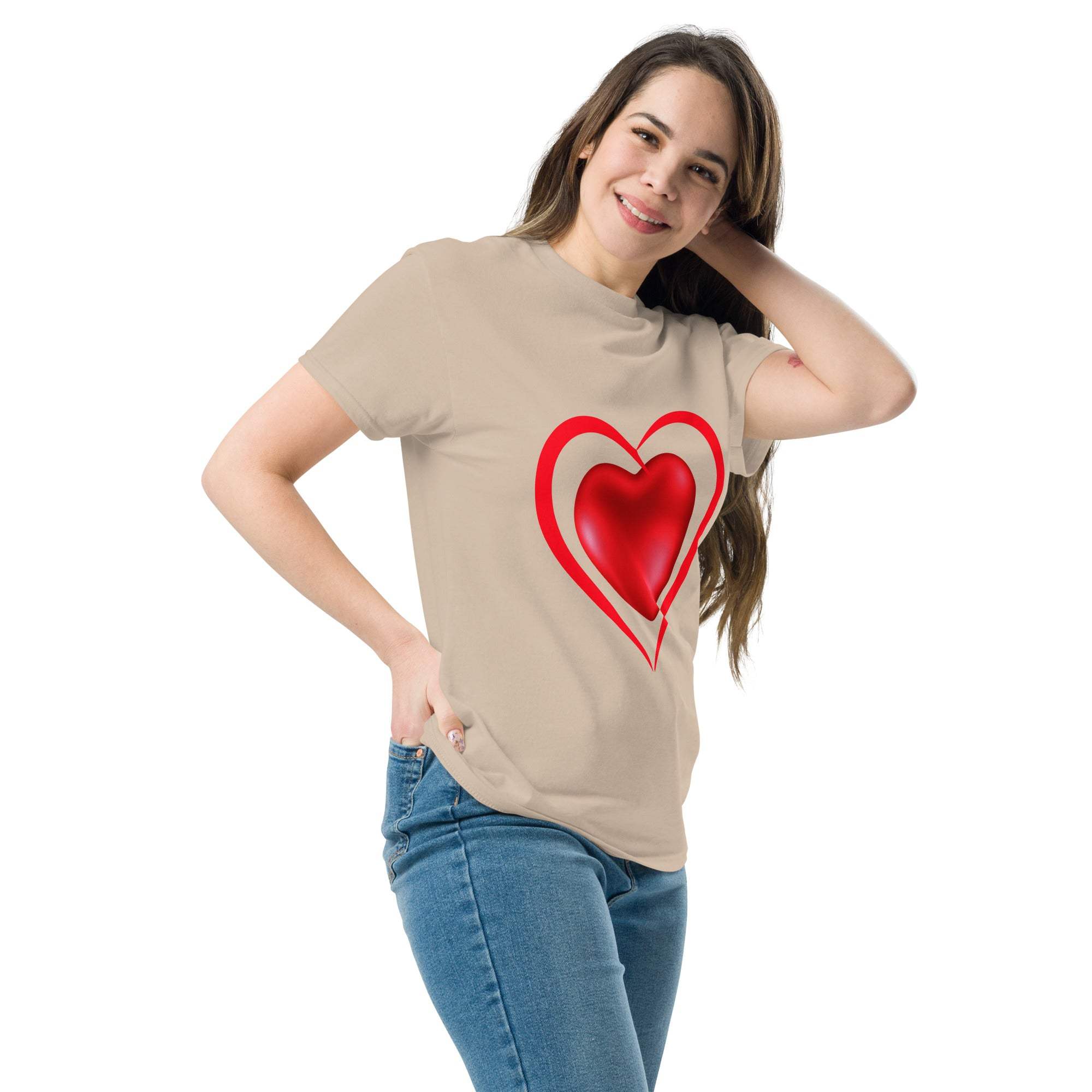 Woman wearing beige Romantic Heart T-Shirt with red heart graphic design