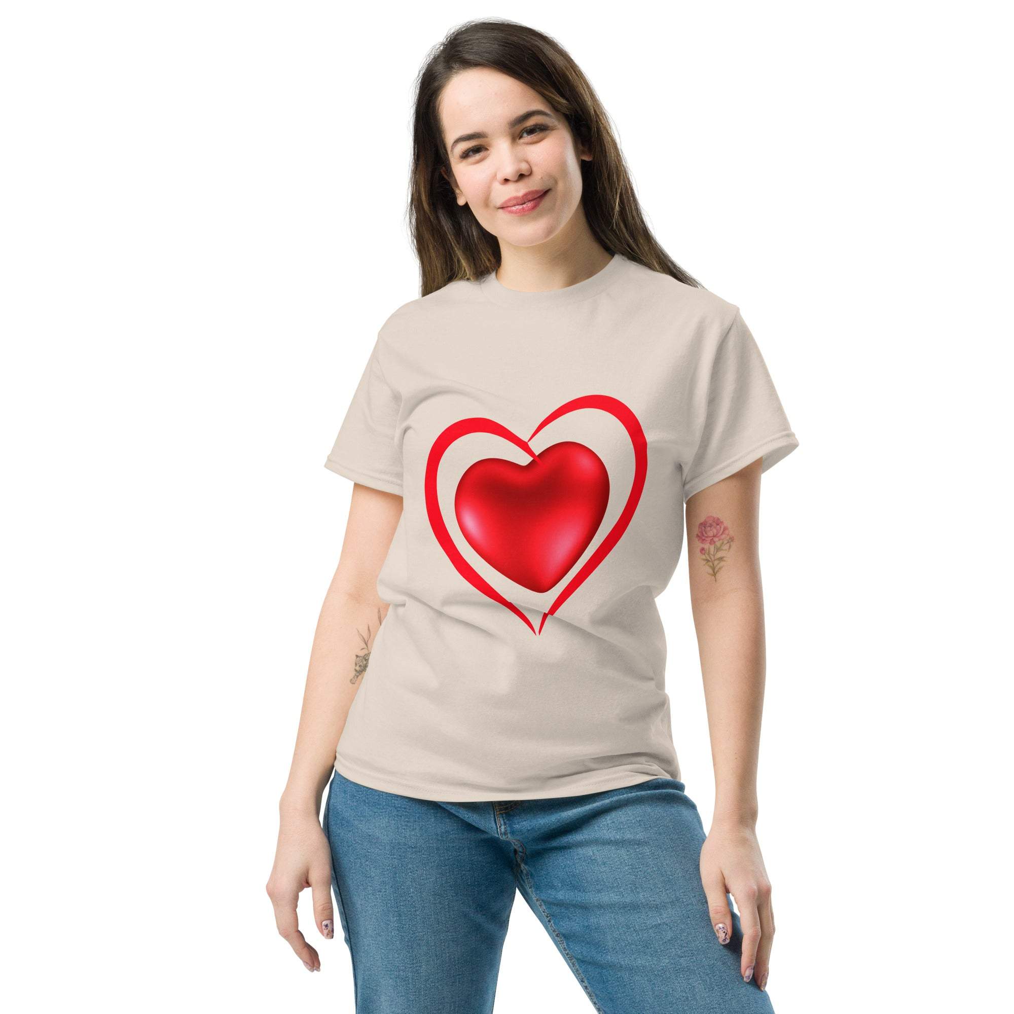 Woman wearing beige Romantic Heart T-Shirt with red heart graphic print and blue jeans