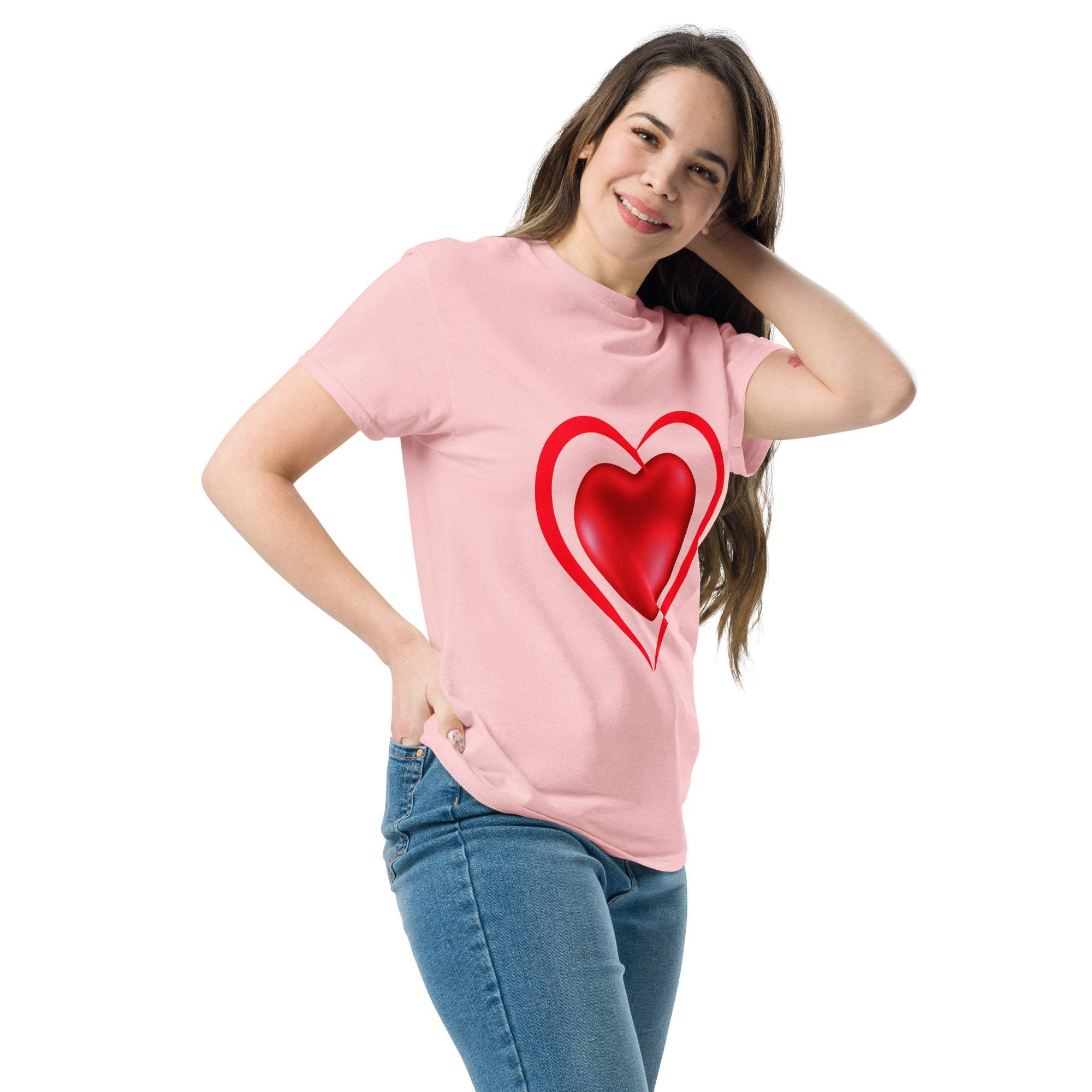 Woman wearing pink Heart T-Shirt with red heart graphic, casual jeans outfit