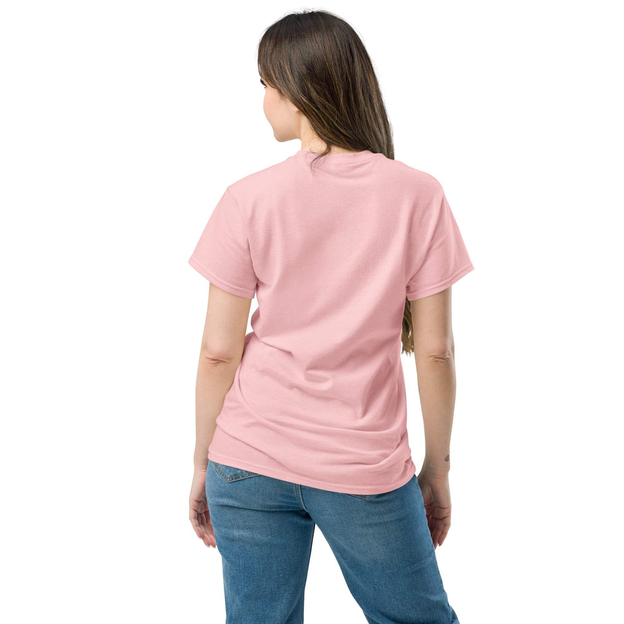 Back view of woman wearing pink Heart T-Shirt with short sleeves and blue jeans