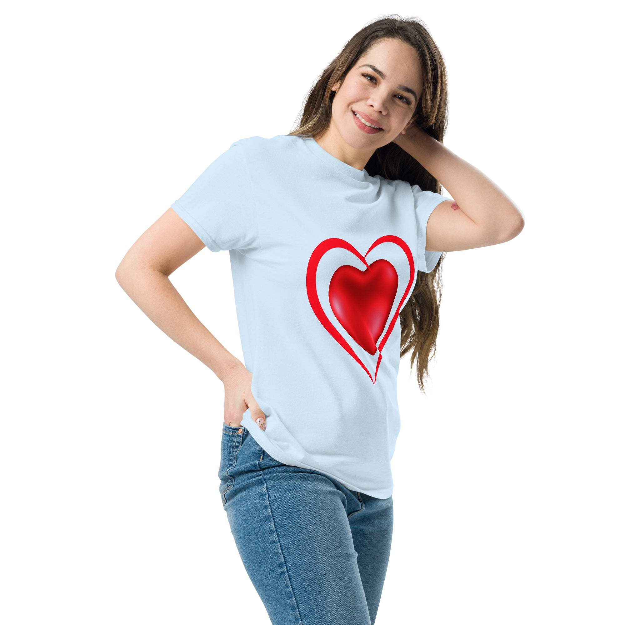 Woman wearing a soft white unisex heart t-shirt with a red romantic heart graphic design