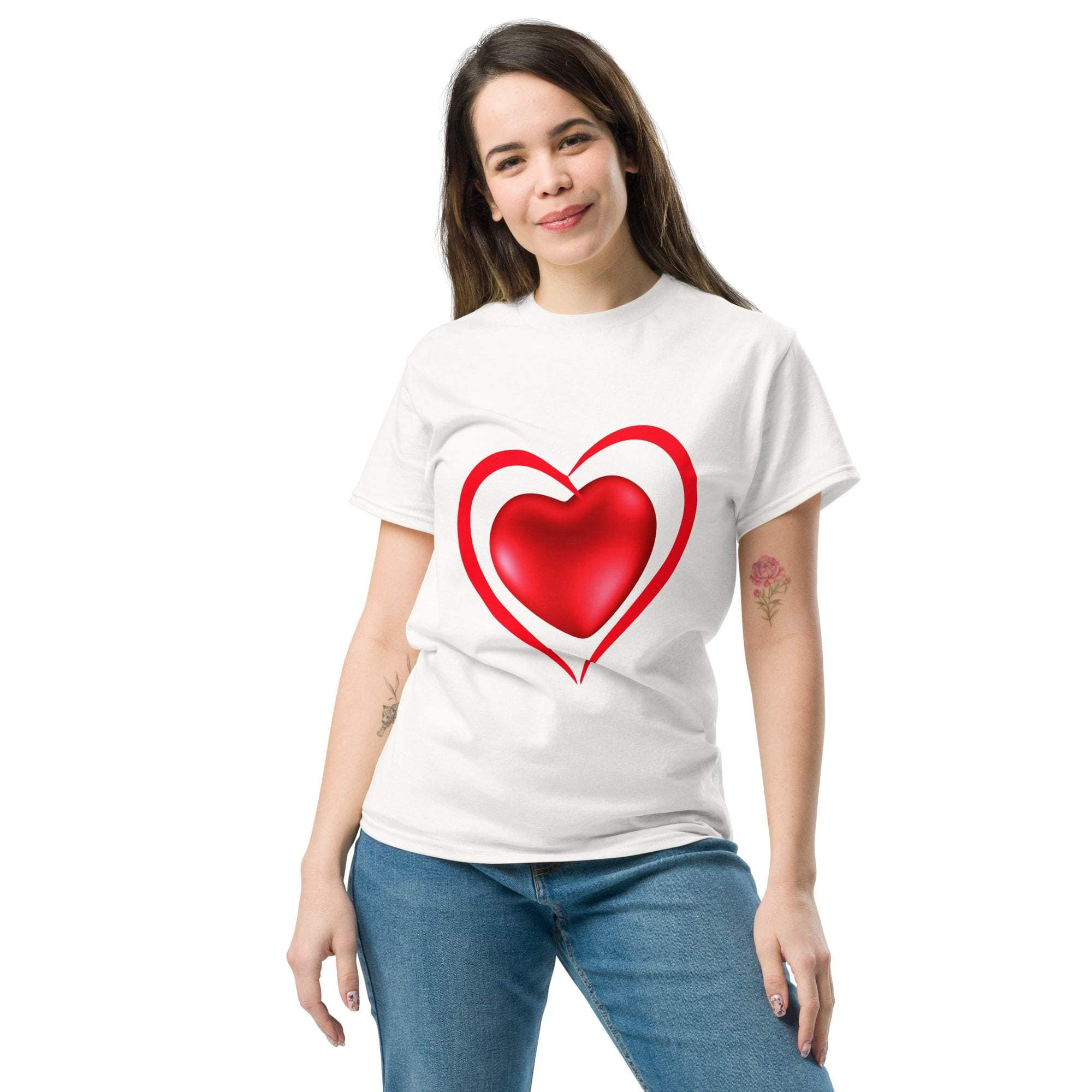 Woman wearing white heart t-shirt with red heart graphic, casual love-themed unisex tee