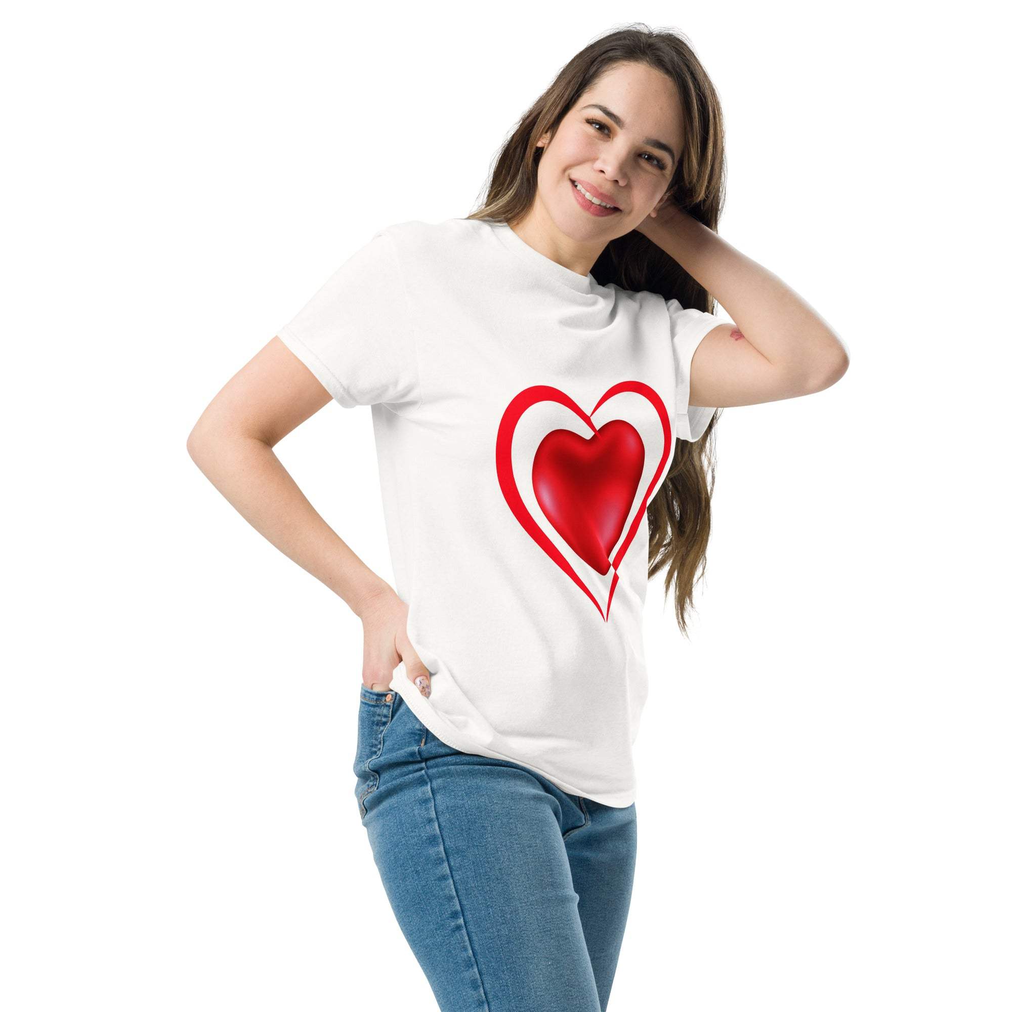 Woman wearing white Romantic Heart T-Shirt with red heart graphic, paired with blue jeans