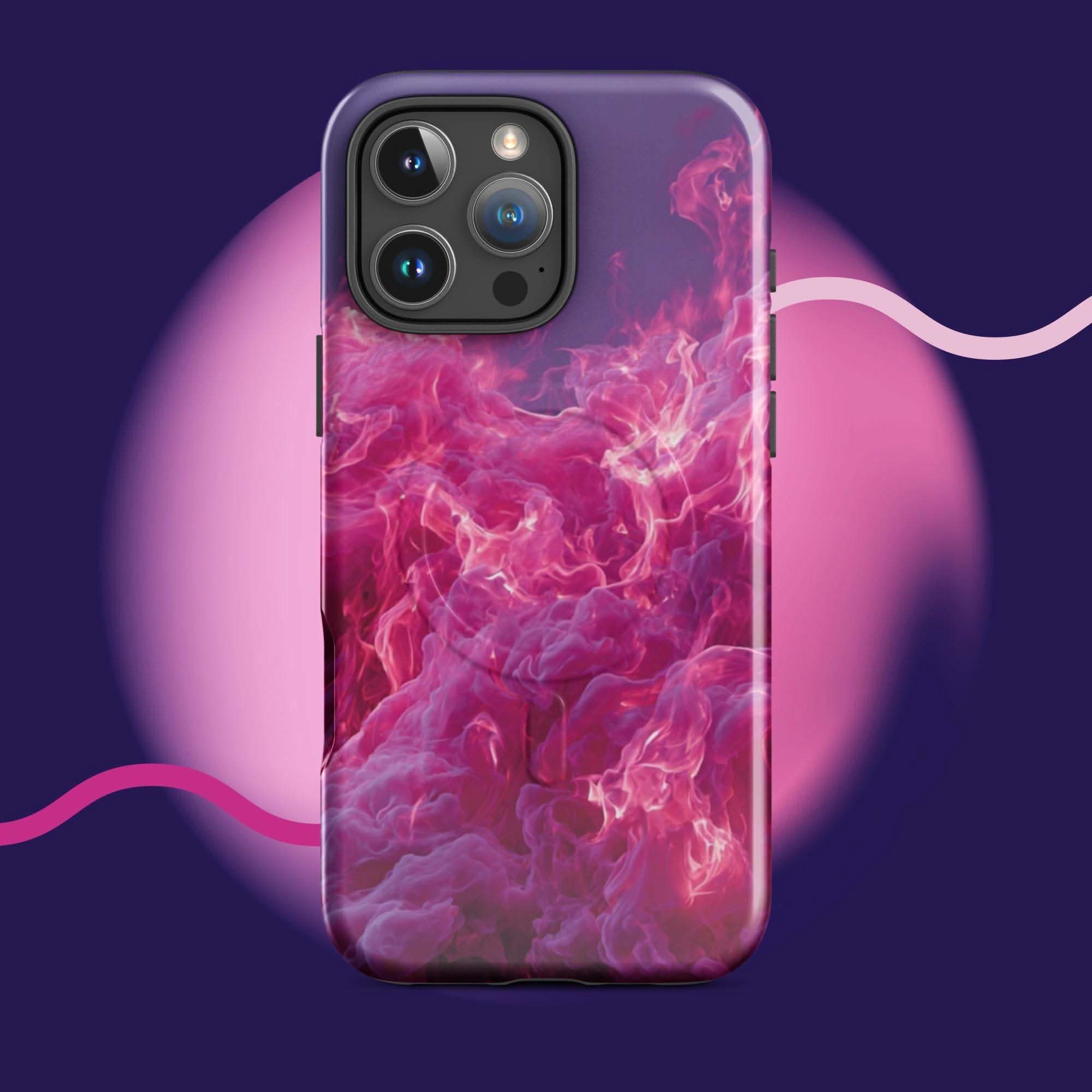 Pink fiery cloud iPhone tough case with MagSafe and military-grade protection