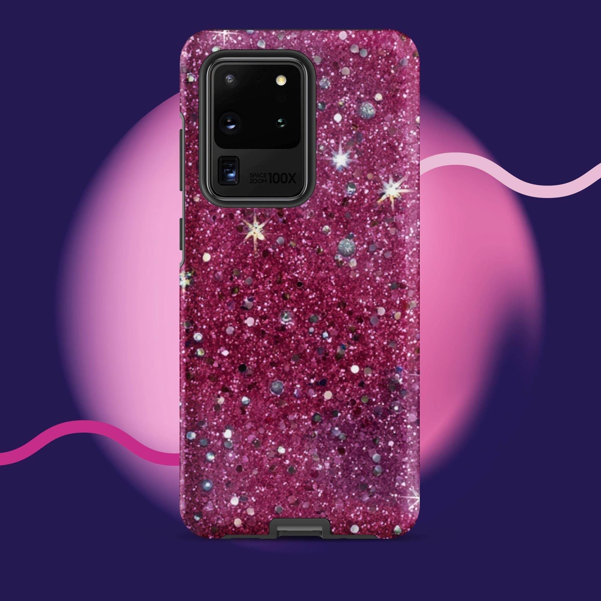 Pink sparkly tough protective phone case for Samsung Galaxy with impact-resistant dual-layer design