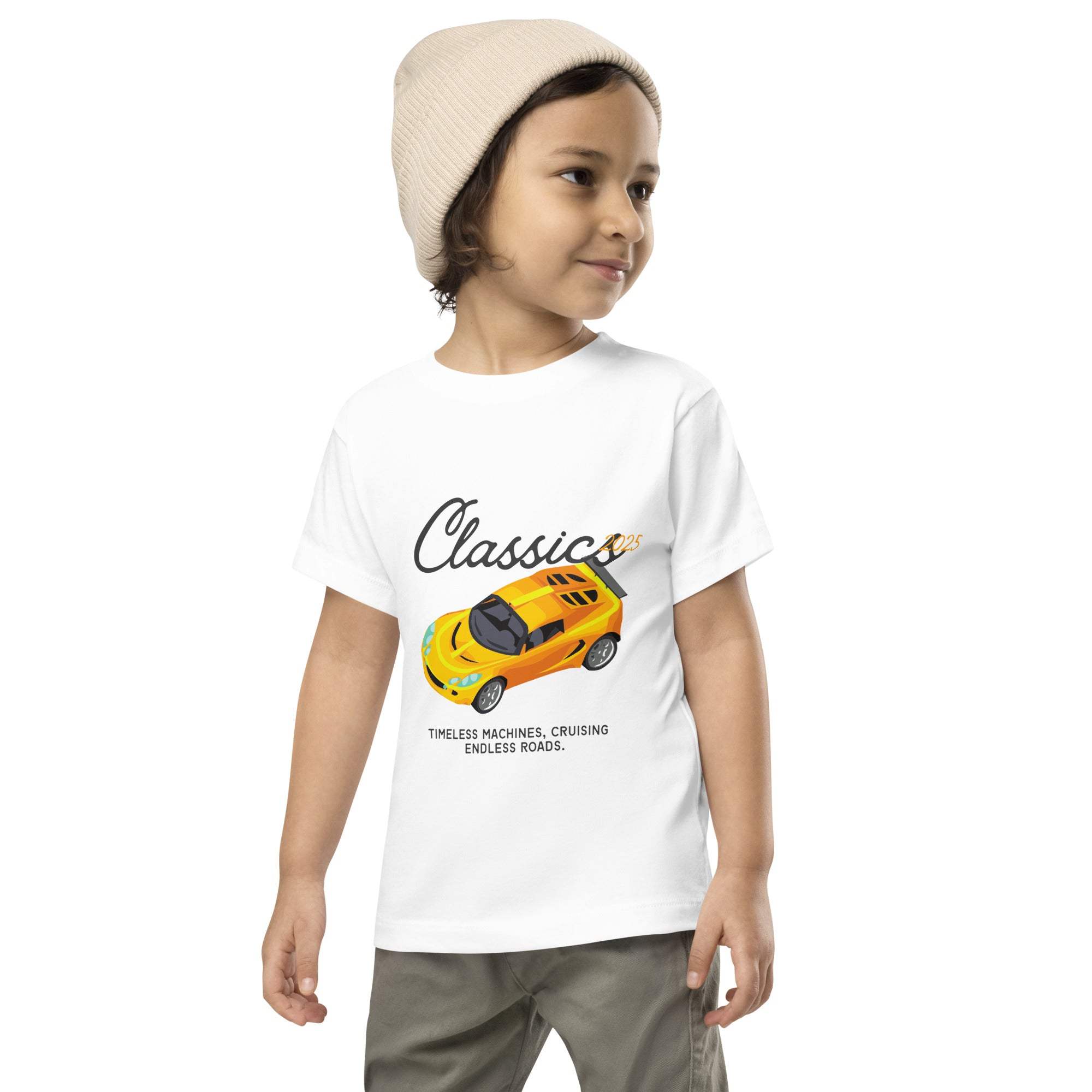 Child wearing Classic Car Kids T-Shirt with vintage yellow sports car design and beige hat