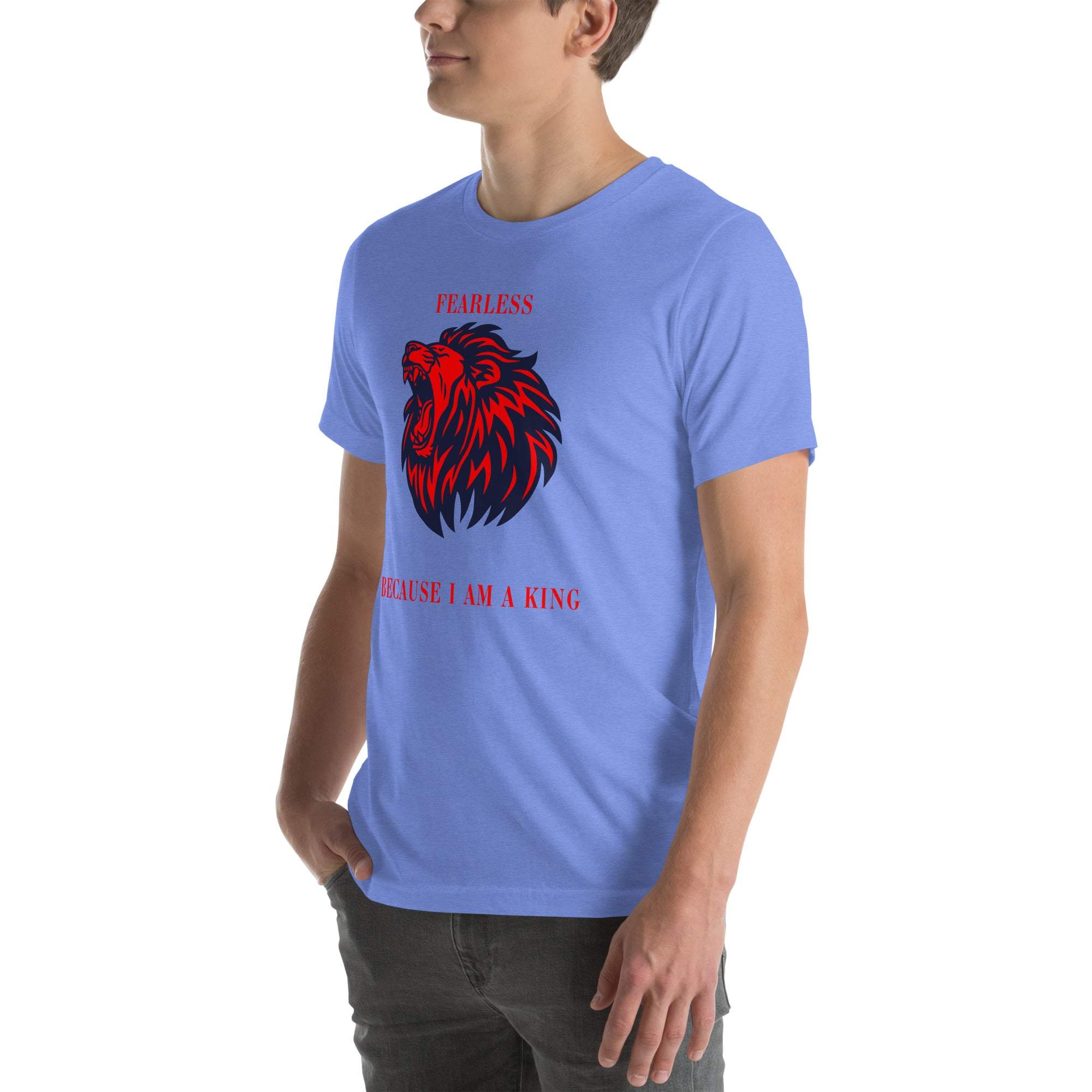 Man wearing blue fearless lion t-shirt with red and black lion head design and motivational text