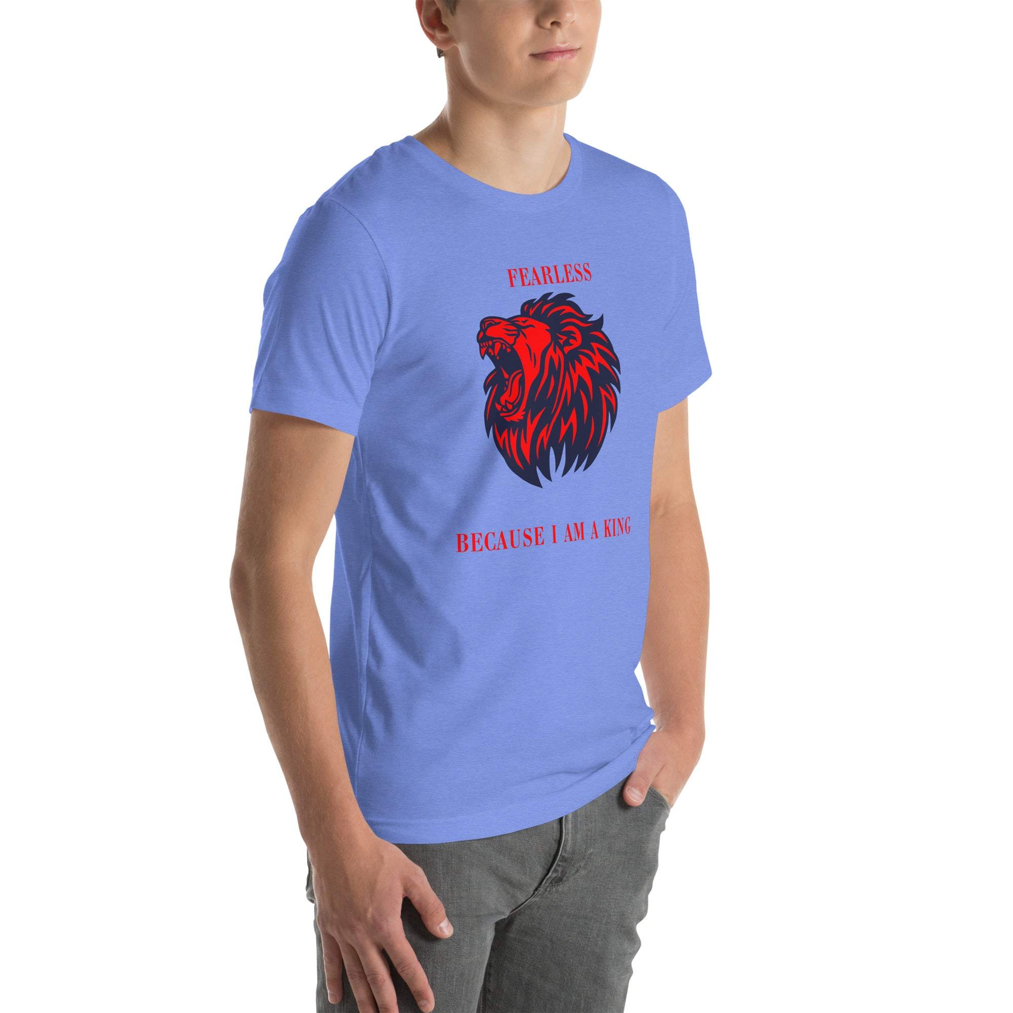 Man wearing blue Fearless Lion T-Shirt with red and black lion head design and motivational text.