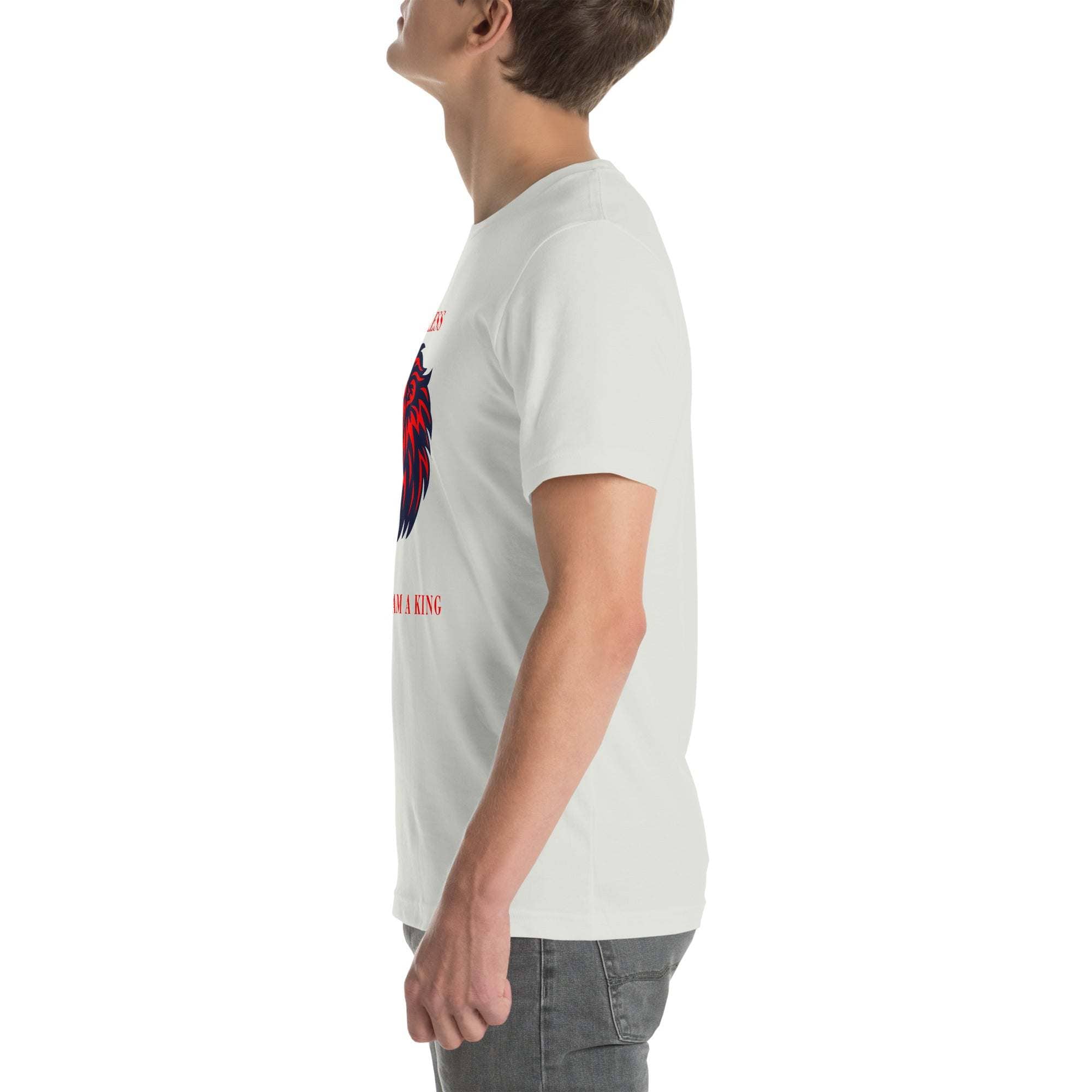 Side view of man wearing white Fearless Lion T-Shirt with red and black lion head design and motivational text