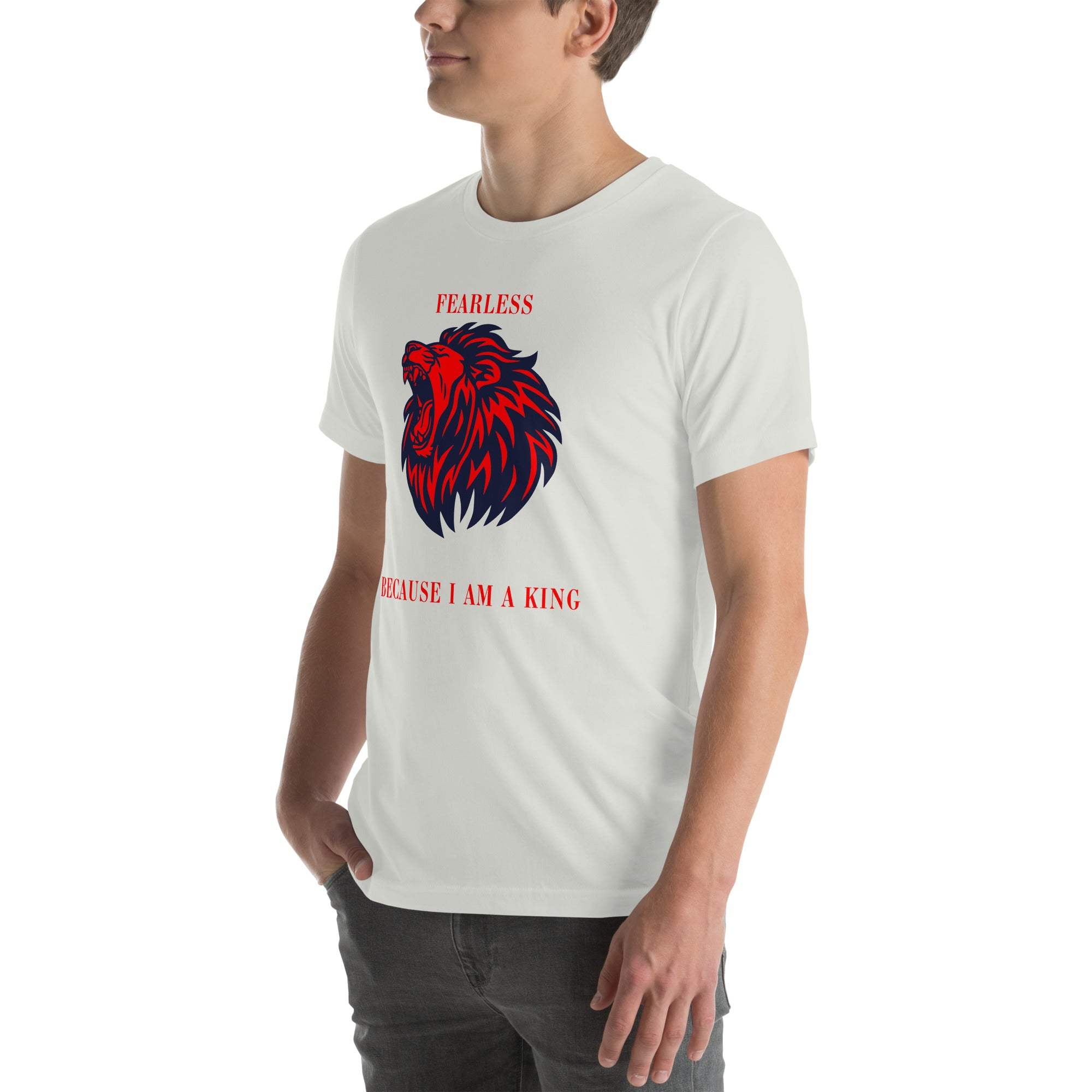 Man wearing white Fearless Lion T-Shirt with red and black lion head design and motivational text.