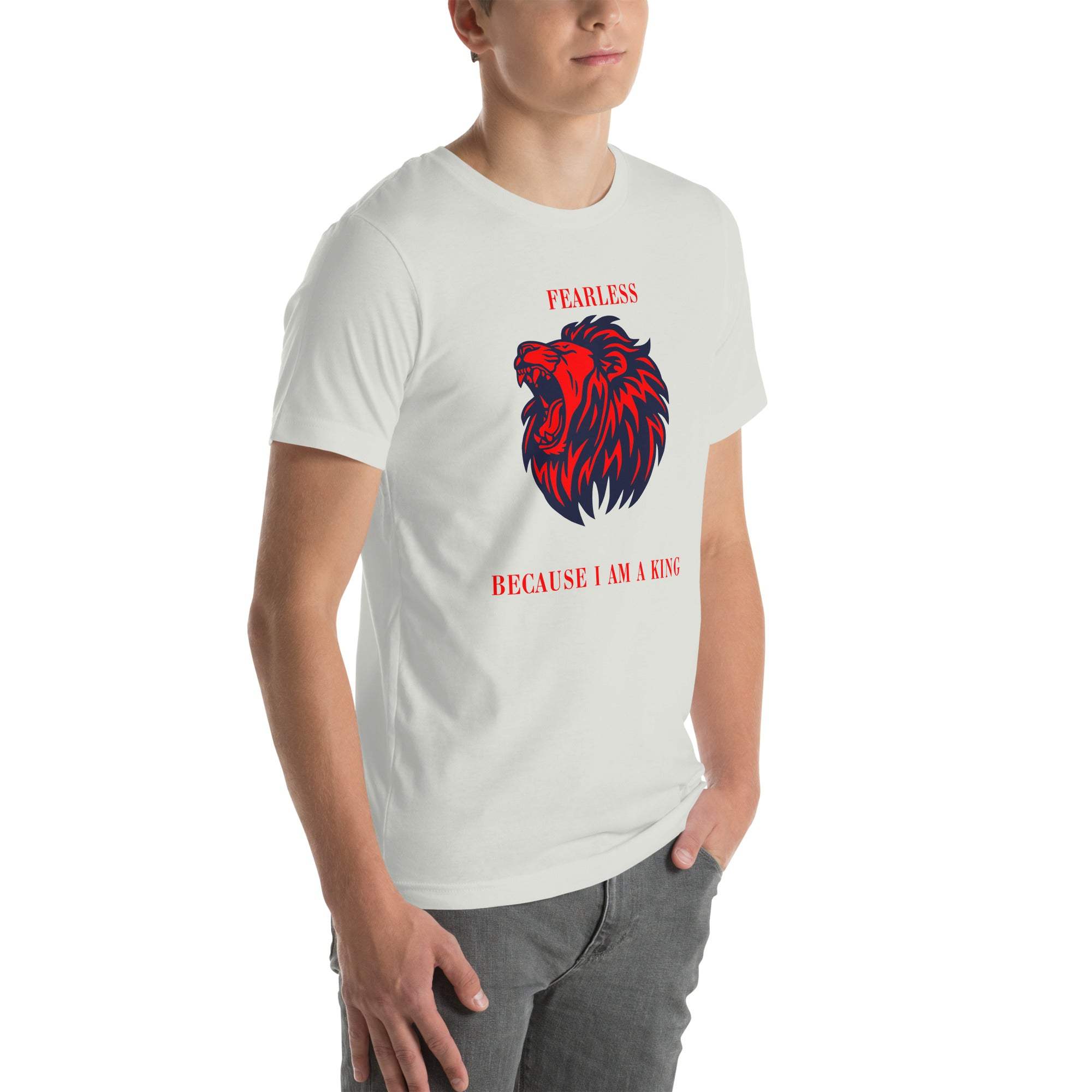 Men's Fearless Lion T-Shirt with bold red and black lion head design and motivational "Fearless Because I Am a King" statement.