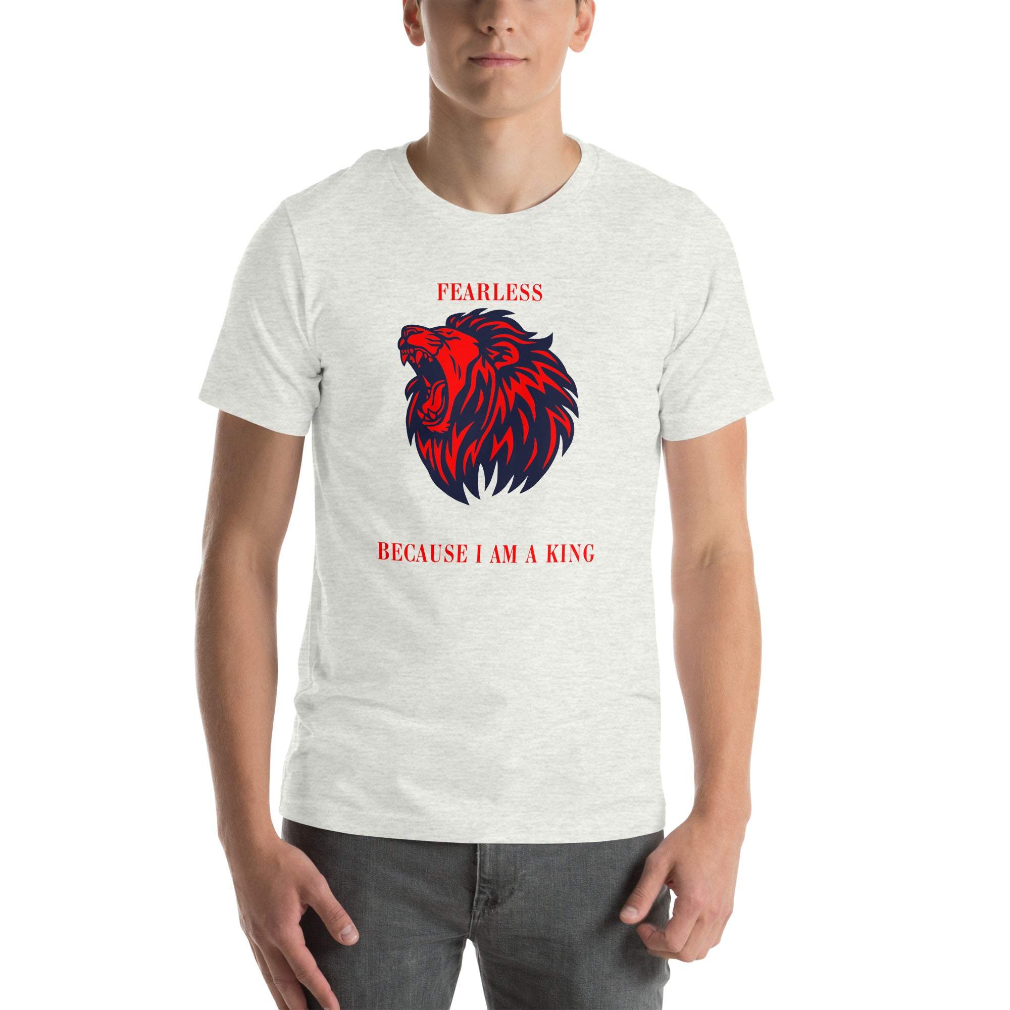 Fearless Lion T-Shirt with bold red and black lion head design and "Fearless Because I Am A King" text on white fabric