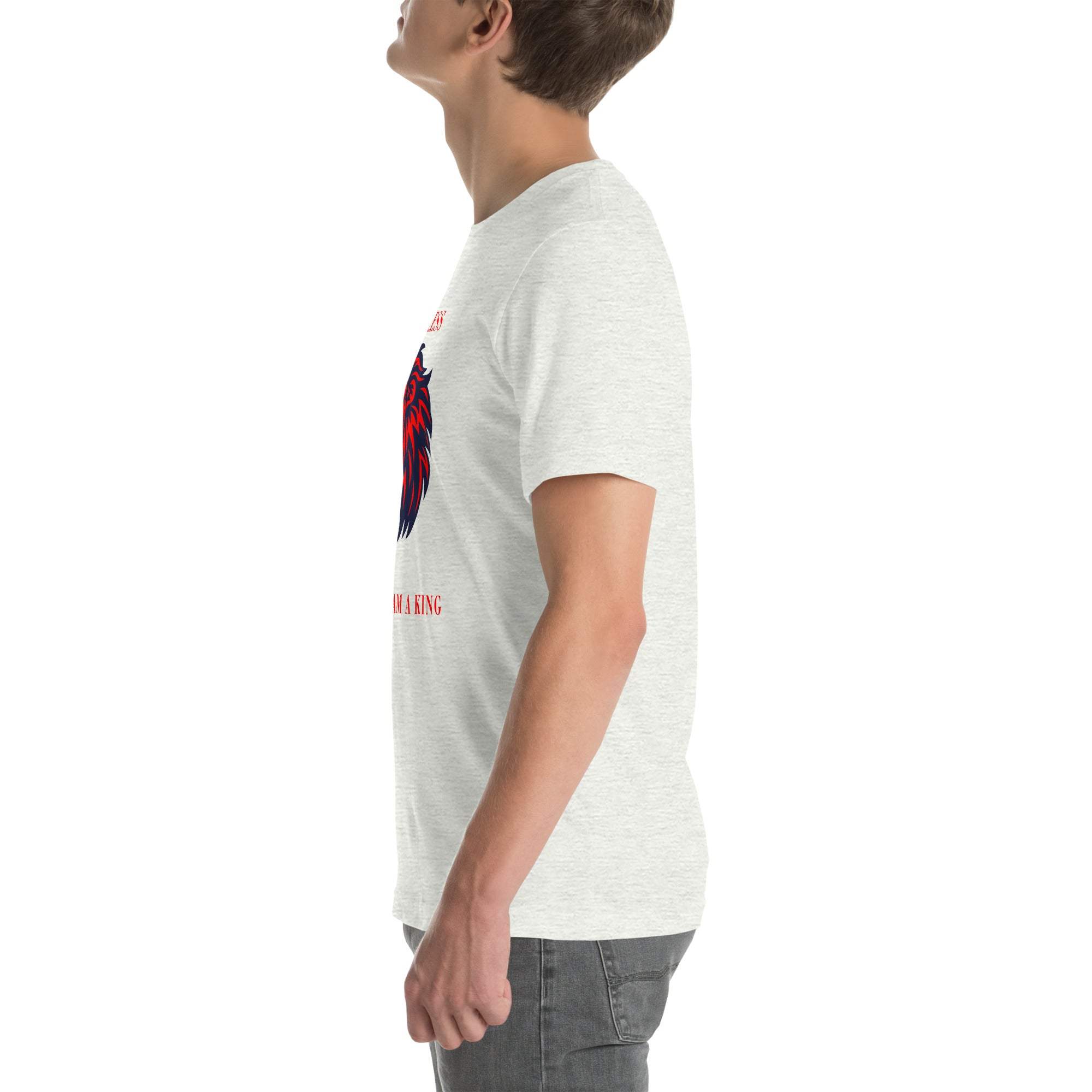 Side view of a man wearing a white Fearless Lion T-Shirt with a red and black lion head design and motivational text