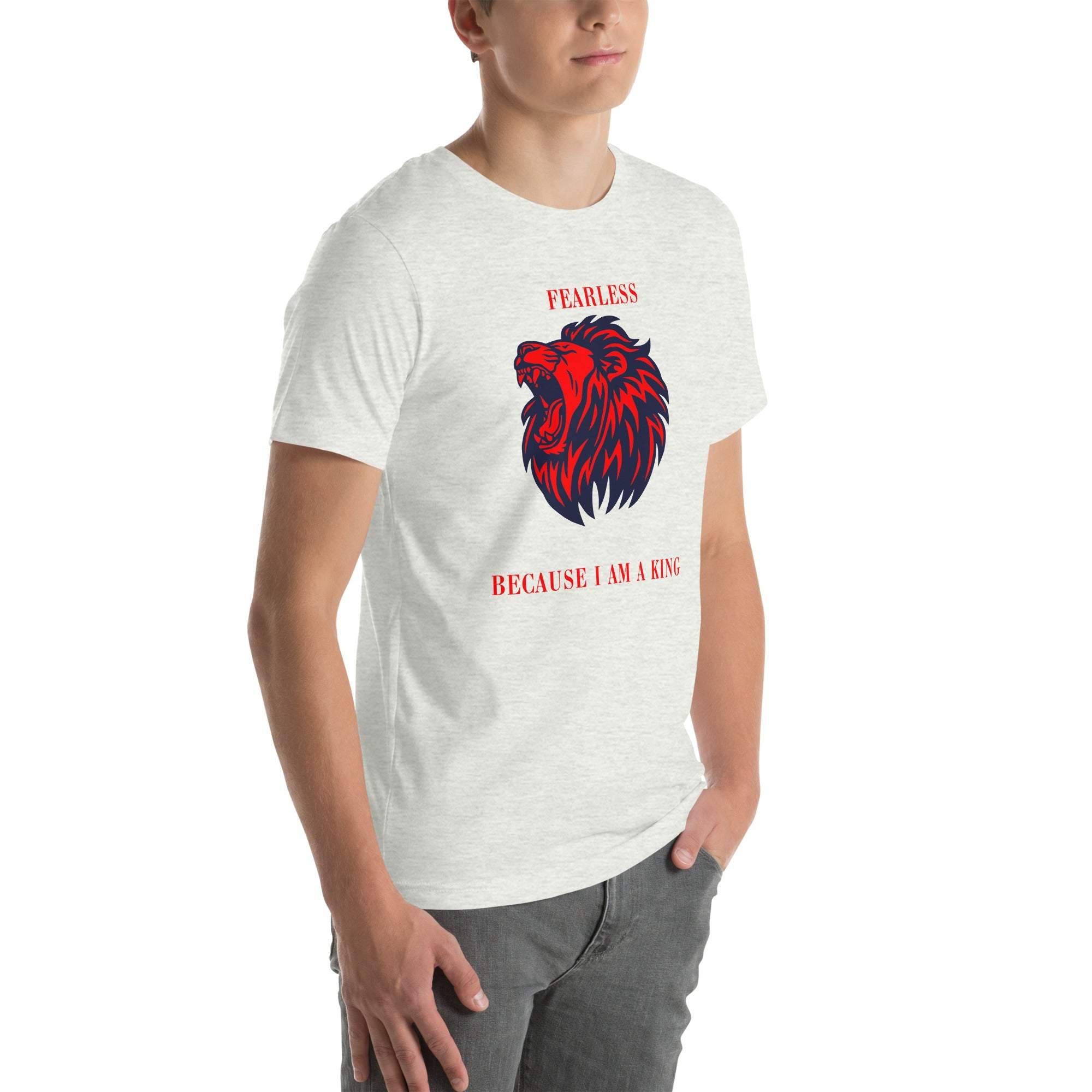 Men's Fearless Lion T-Shirt with red and black roaring lion design and motivational "Fearless Because I Am a King" text, soft breathable fabric.