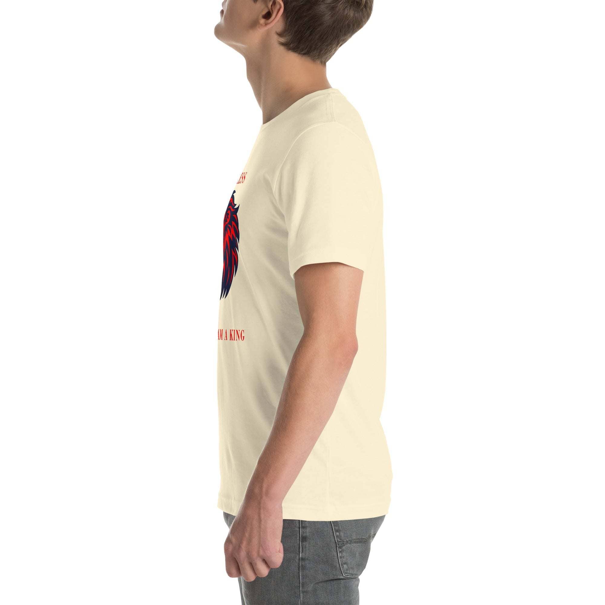 Side view of man wearing Fearless Lion T-Shirt with red and black lion head design and motivational text
