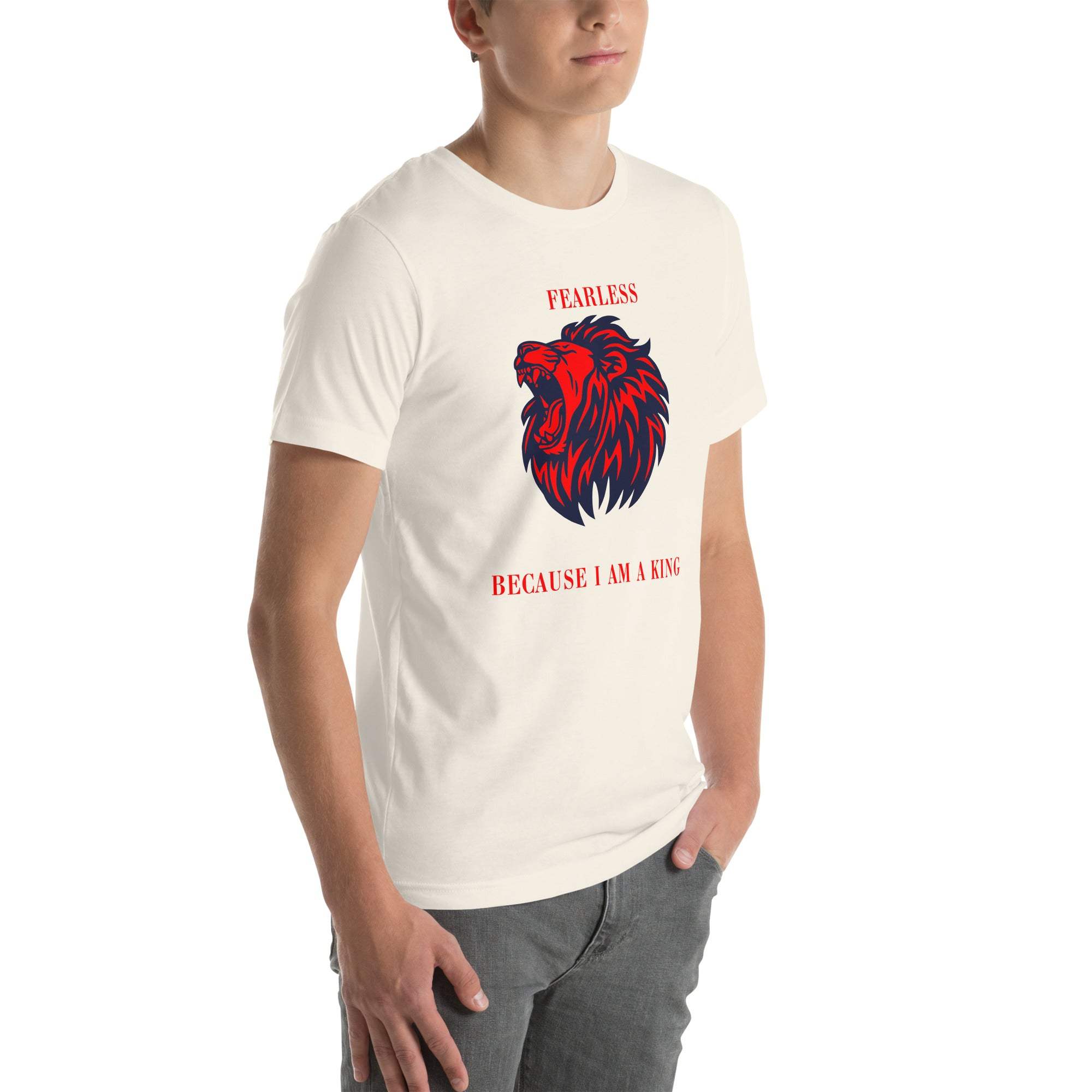 Man wearing white Fearless Lion T-Shirt with red and black roaring lion design and "Fearless Because I Am A King" text