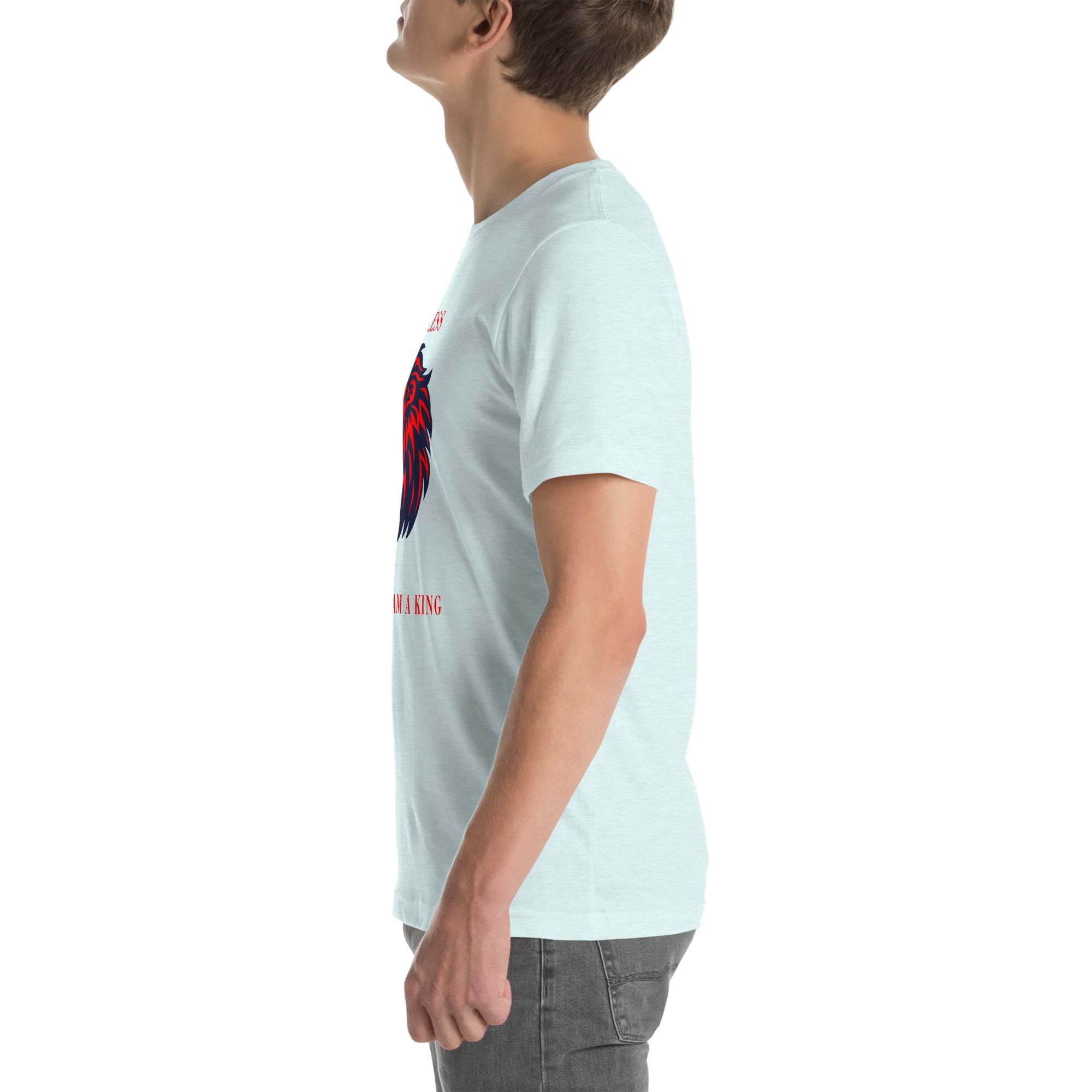 Side view of man wearing white Fearless Lion T-Shirt with red and black lion head design and motivational text