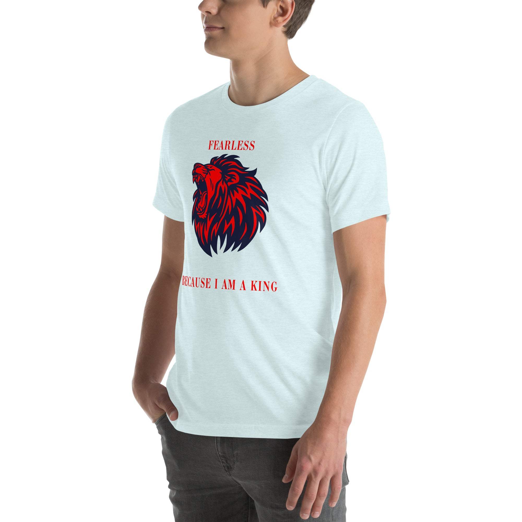 Man wearing white Fearless Lion T-Shirt with red and black lion head design and motivational text.