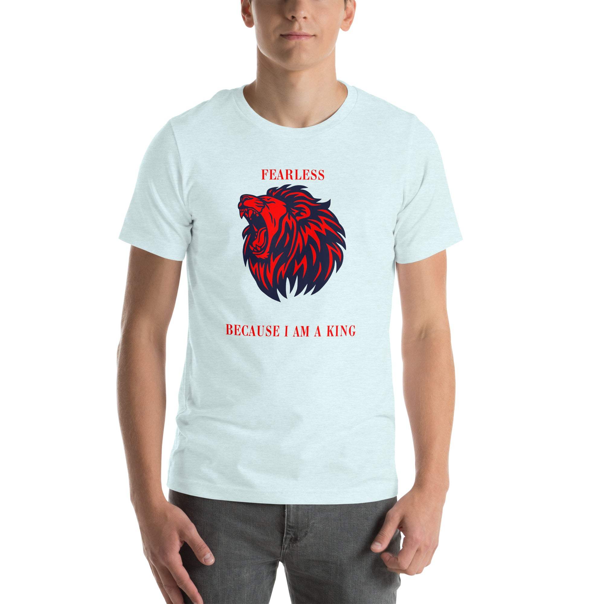 Man wearing a white Fearless Lion T-Shirt with a red and black roaring lion head and the text "Fearless Because I Am a King"