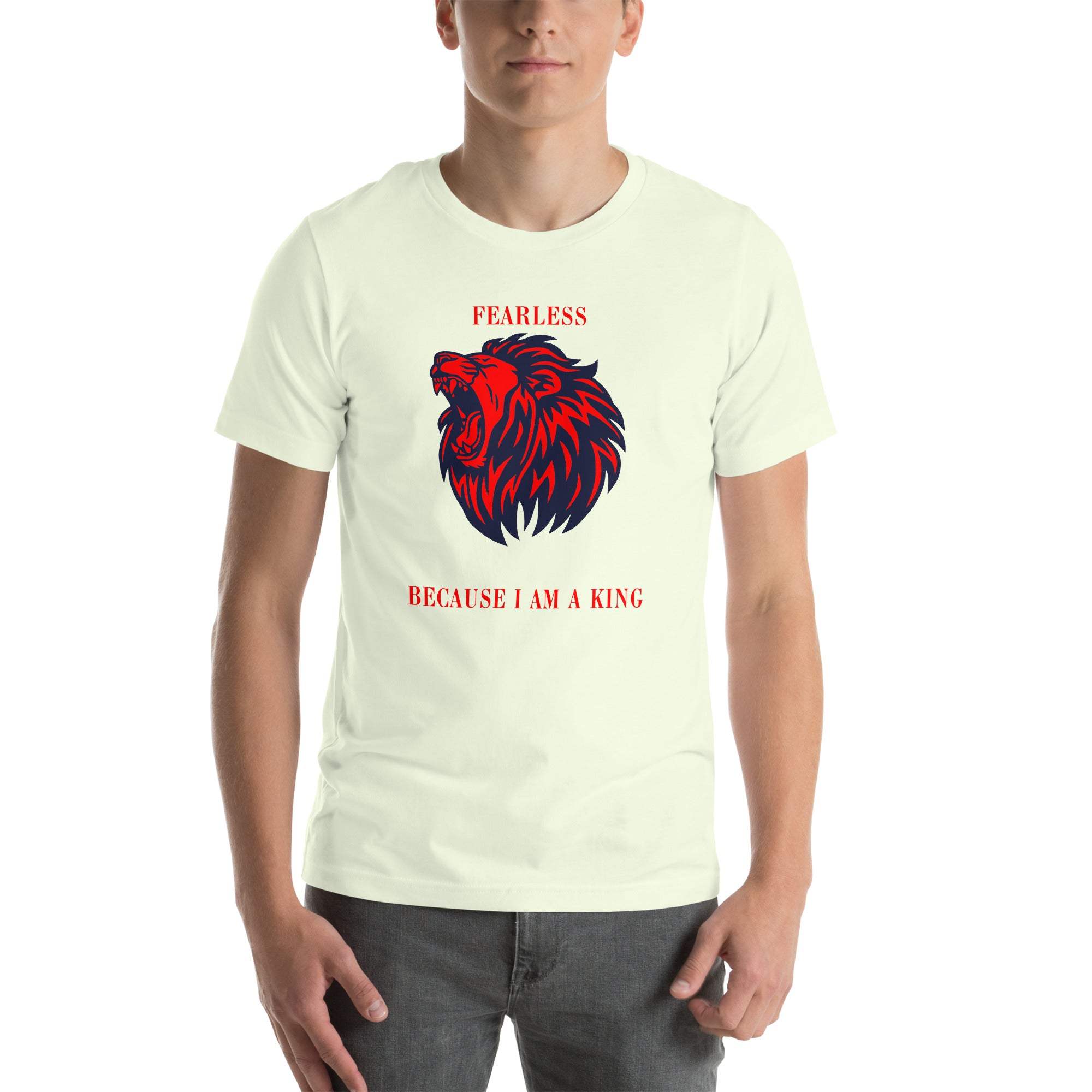 Fearless Lion T-Shirt with red and black roaring lion design and motivational "Fearless Because I Am a King" text on white fabric