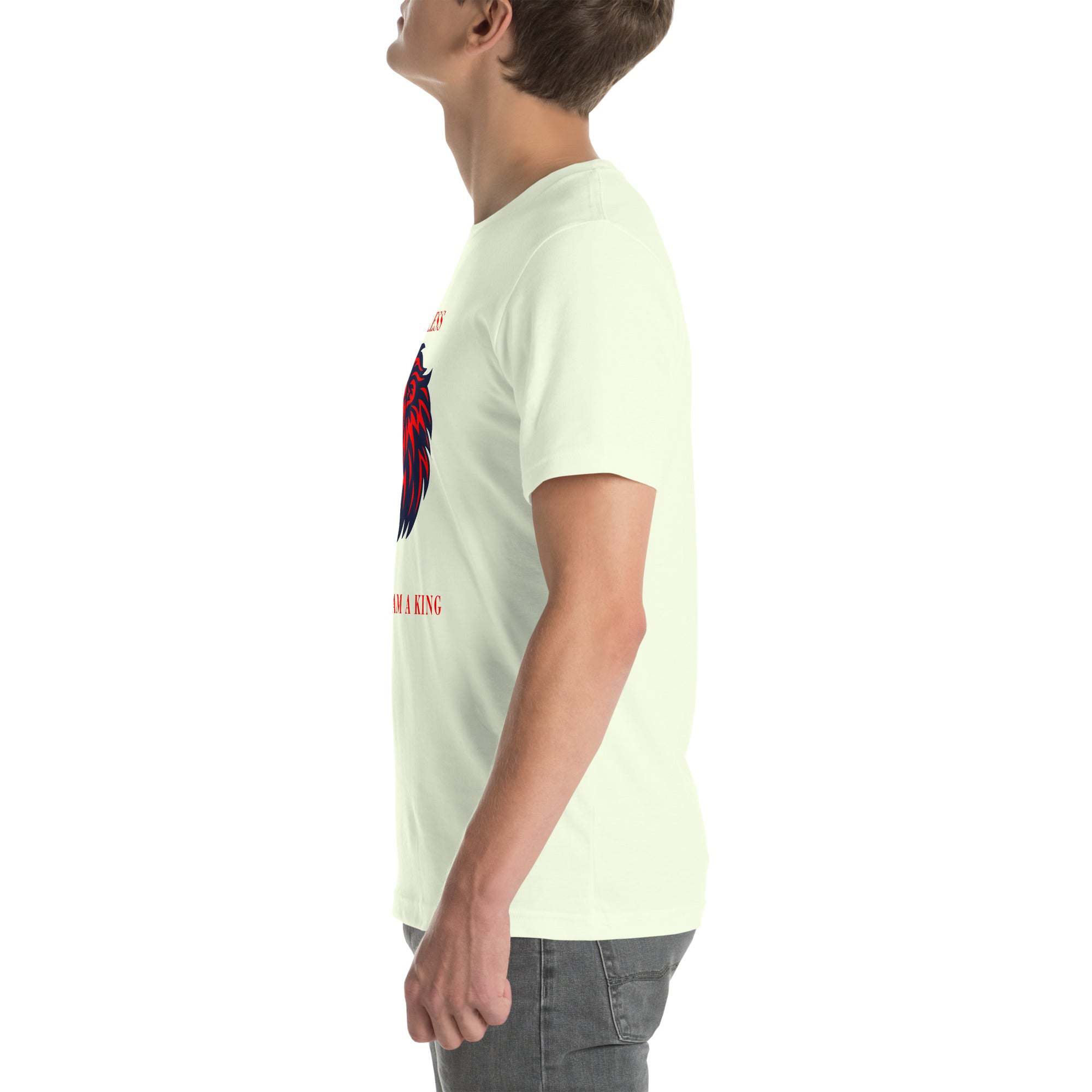 Side view of a man wearing a white Fearless Lion T-Shirt with red and black lion head design and motivational text
