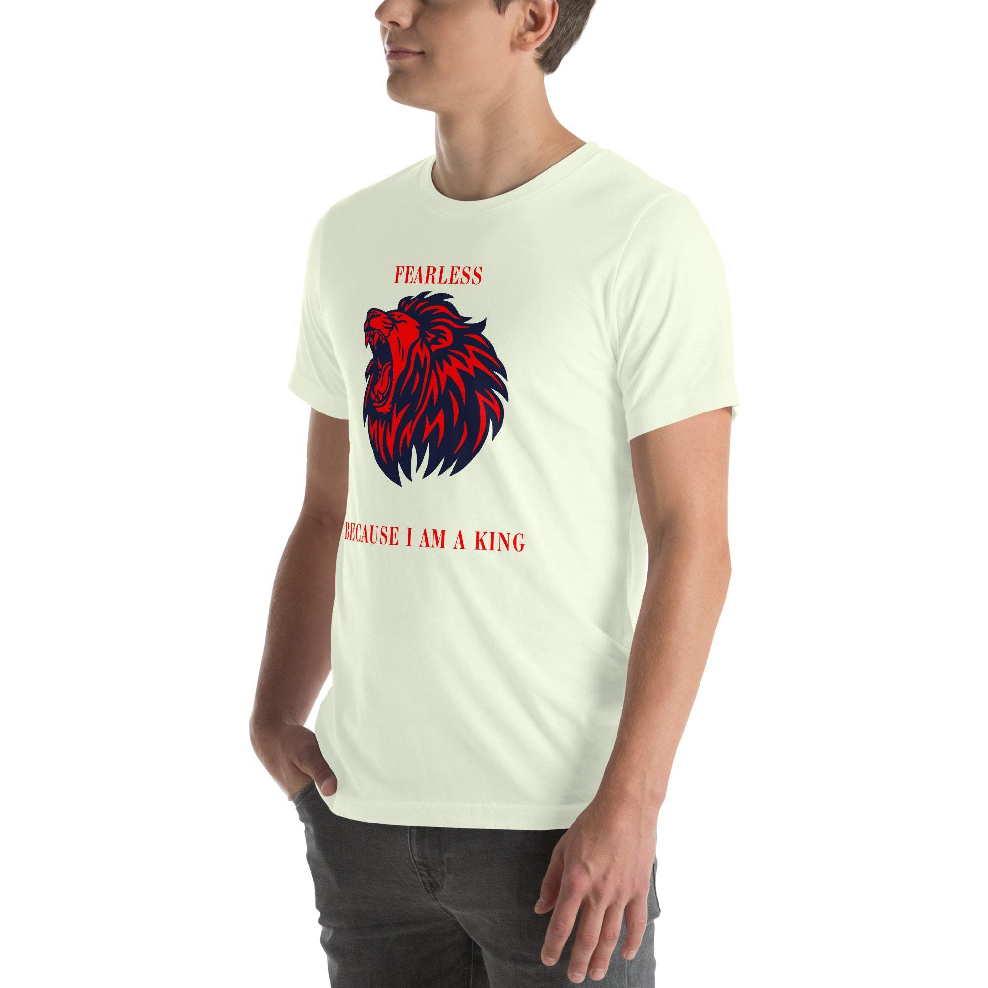 Man wearing a white Fearless Lion T-Shirt with a red and black roaring lion head and "Fearless Because I Am A King" text