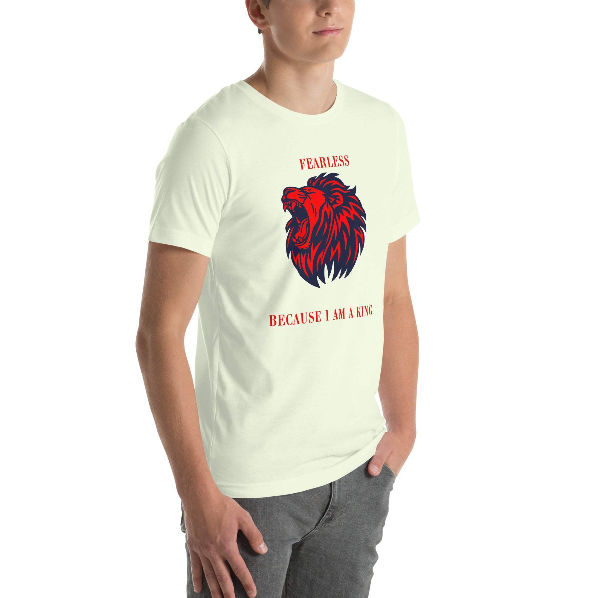 White Fearless Lion T-Shirt with red and black lion head design and motivational text worn by male model
