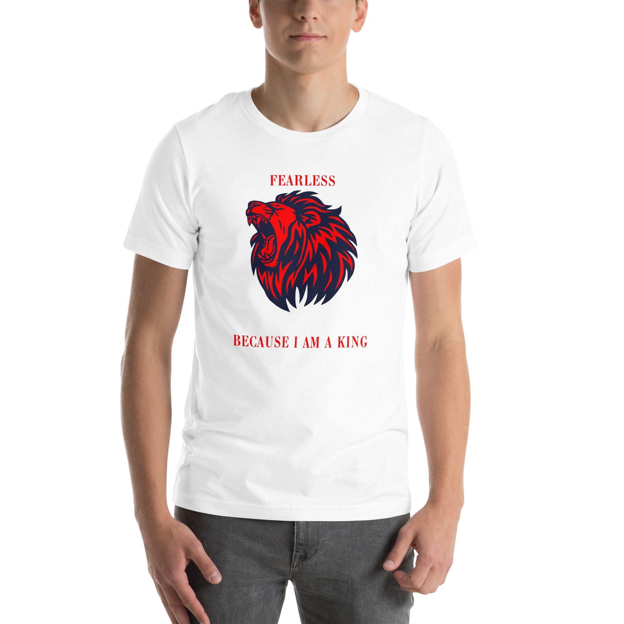Man wearing white Fearless Lion T-Shirt with bold red and black roaring lion graphic and "Fearless Because I Am A King" text