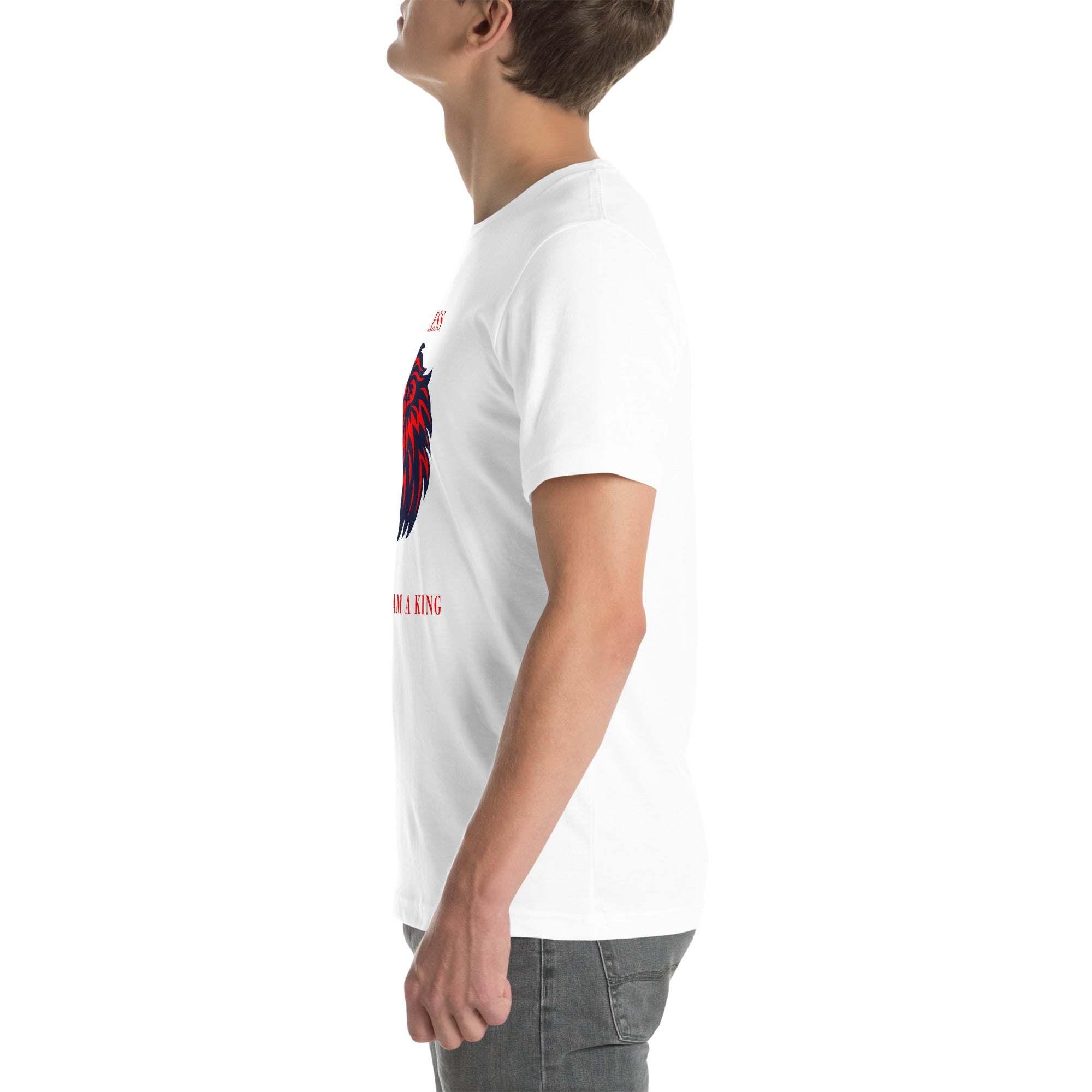 Side view of a man wearing a white Fearless Lion T-Shirt with a red and black lion head design and motivational text.