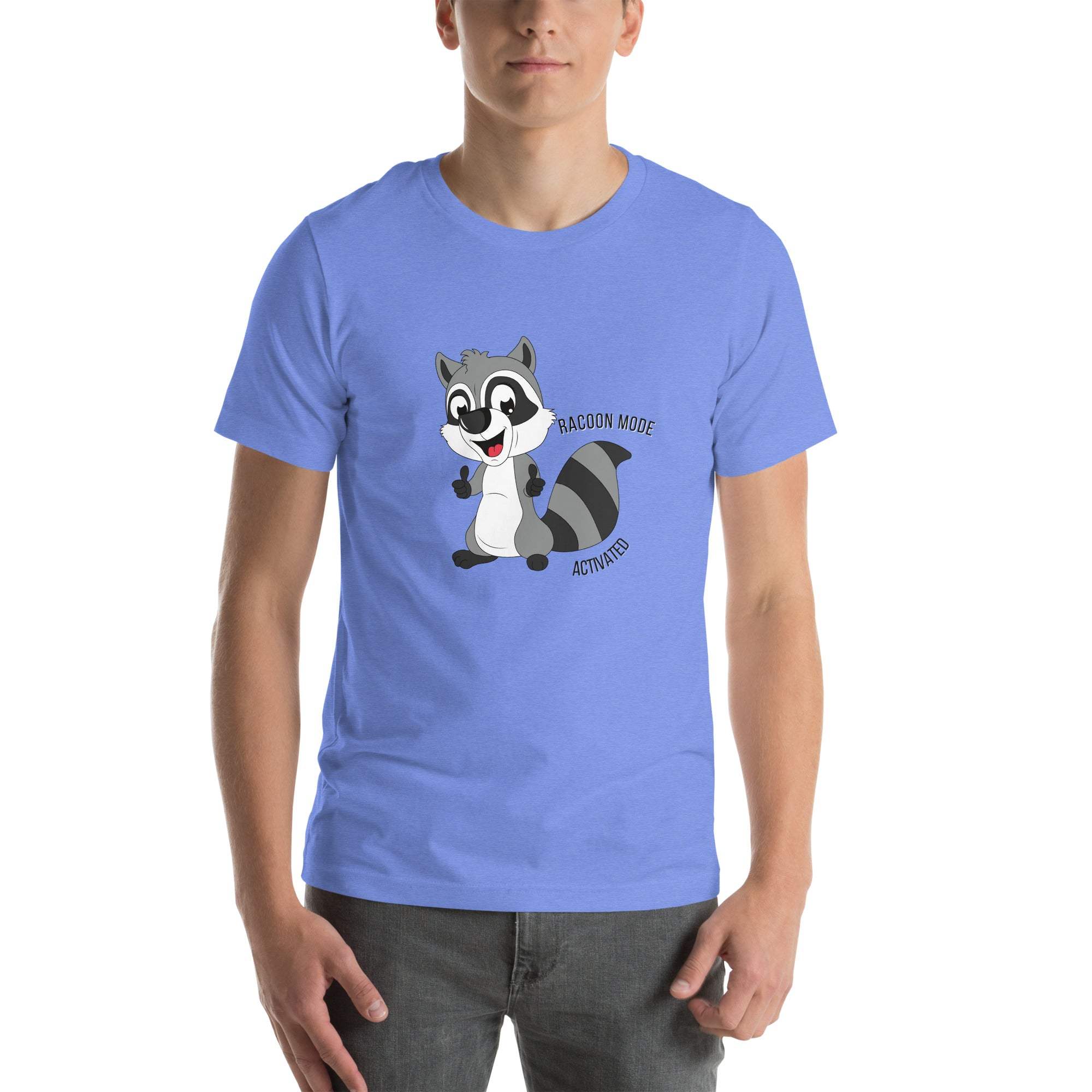 Light blue Raccoon Mode T-Shirt with cartoon raccoon and "Raccoon Mode Activated" text on front.