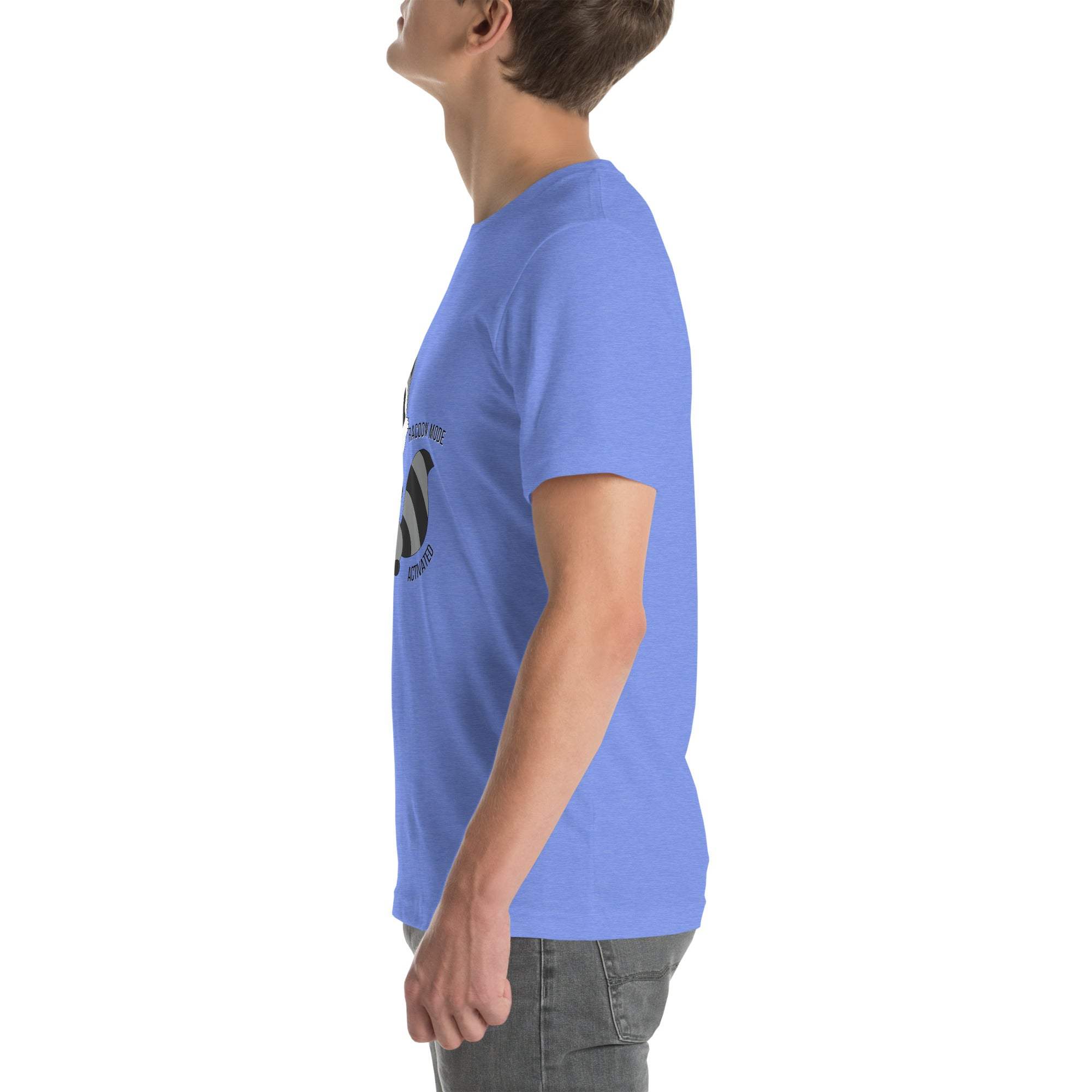 Side view of a person wearing a blue Raccoon Mode T-Shirt with a cartoon raccoon design and playful text