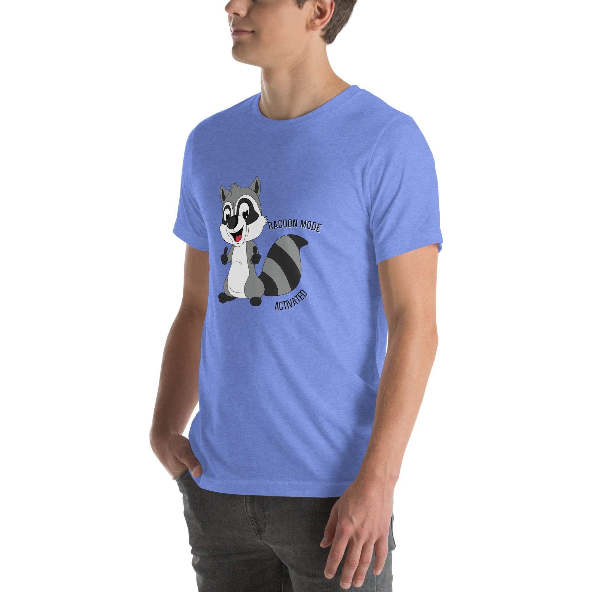 Man wearing blue Raccoon Mode T-Shirt with cartoon raccoon and text "Raccoon Mode Activated" printed on front