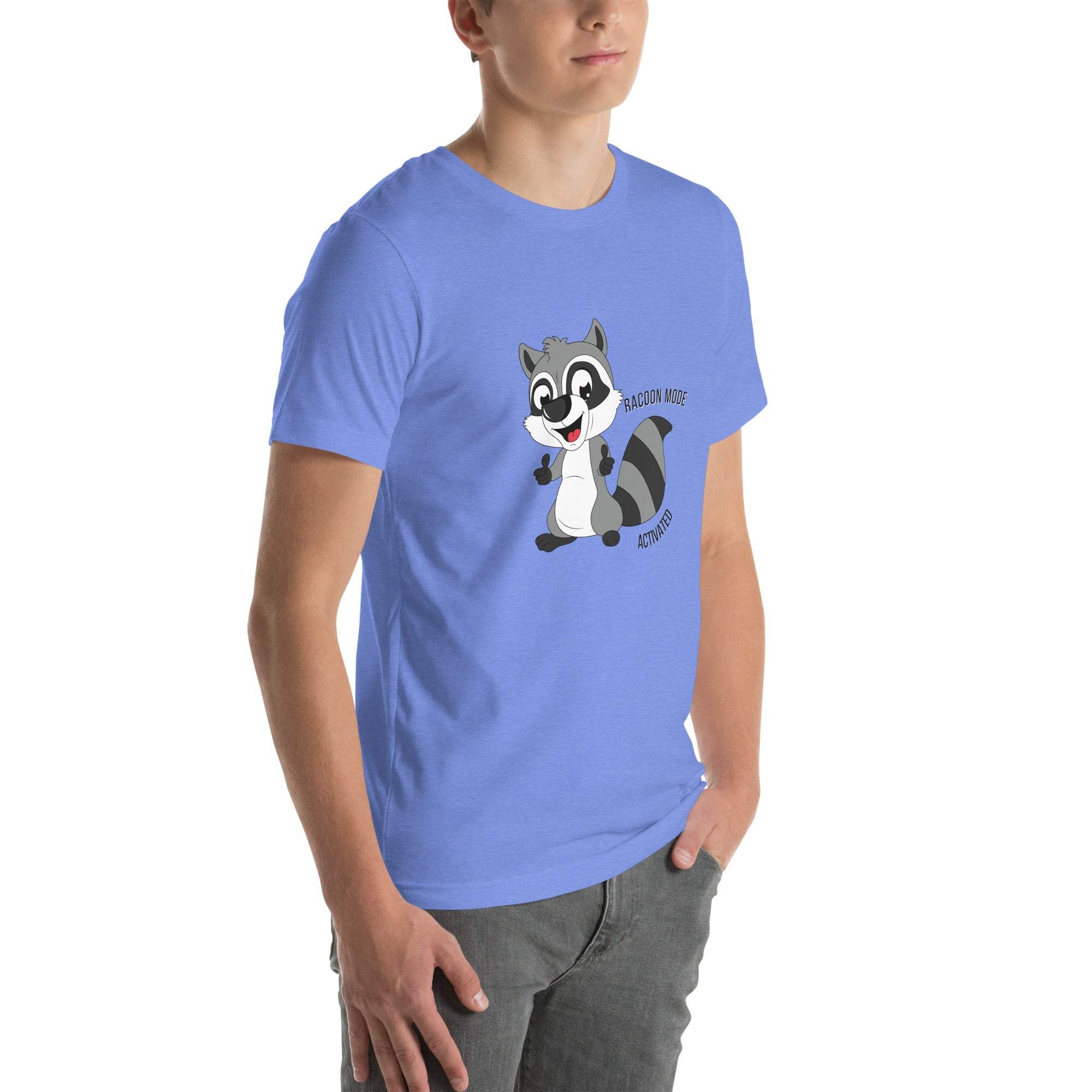 Man wearing blue Raccoon Mode T-Shirt with cartoon raccoon graphic and text on front