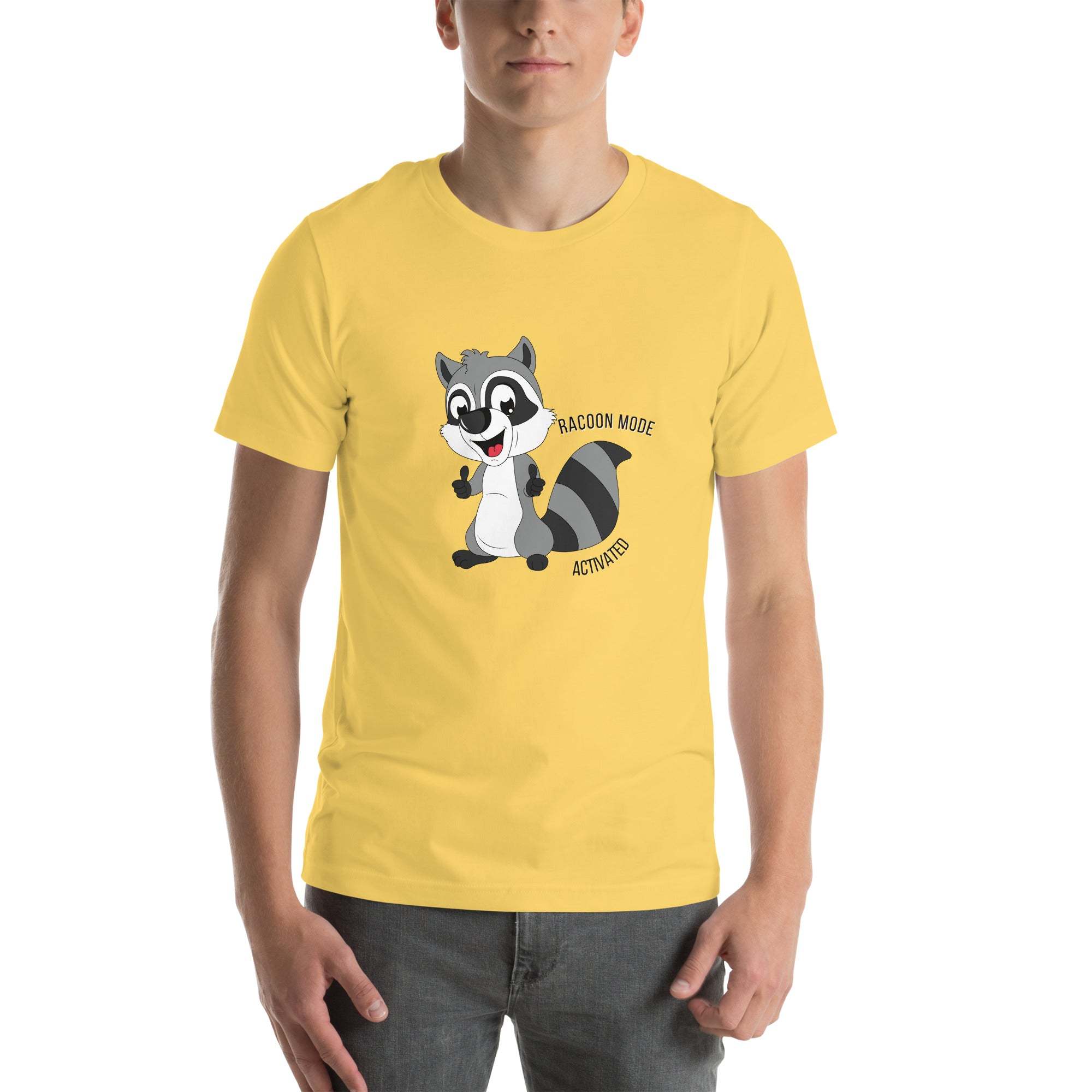 Yellow Raccoon Mode T-Shirt with cartoon raccoon and "Raccoon Mode Activated" text, soft cotton, casual style