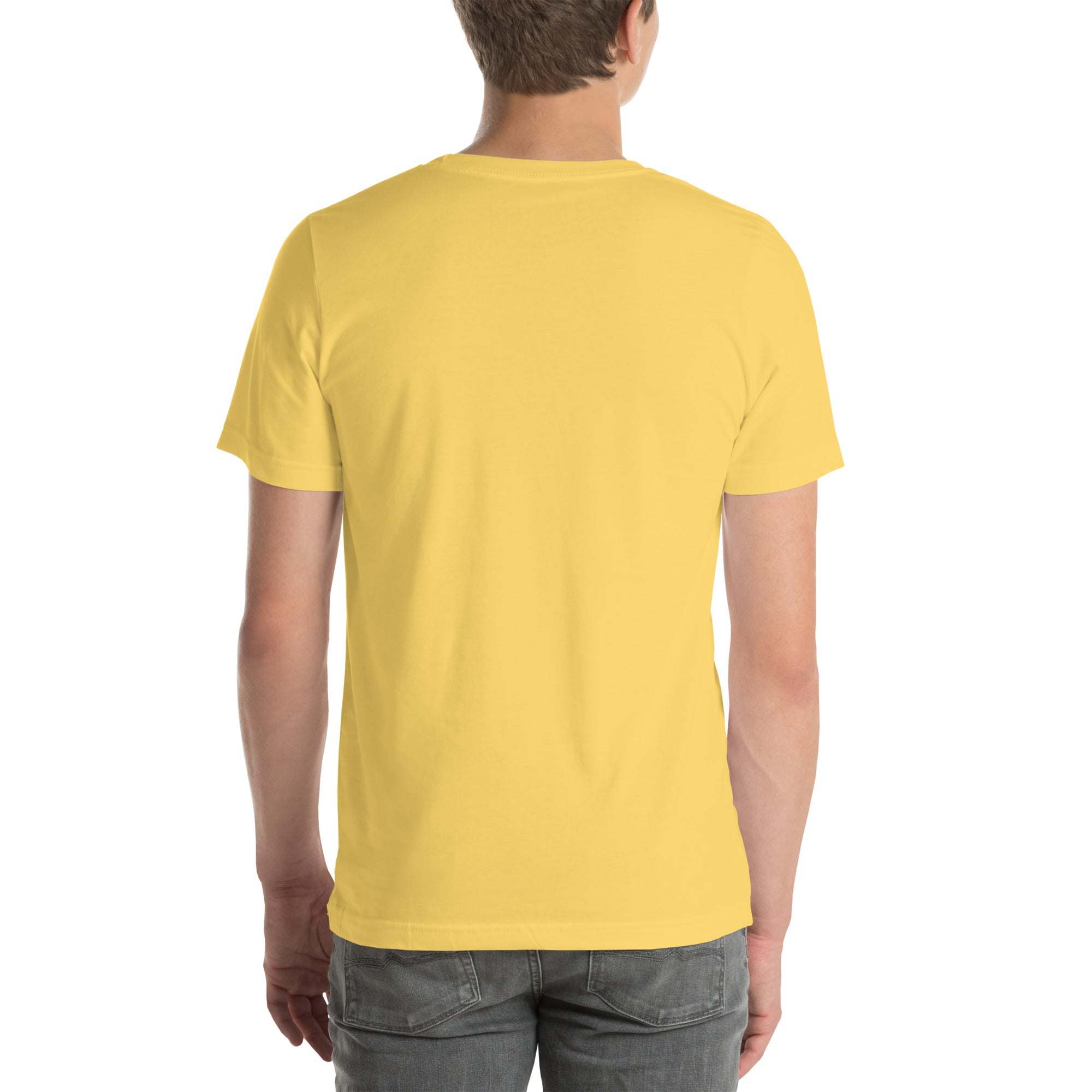Back view of a person wearing a plain yellow Raccoon Mode T-Shirt made of soft cotton