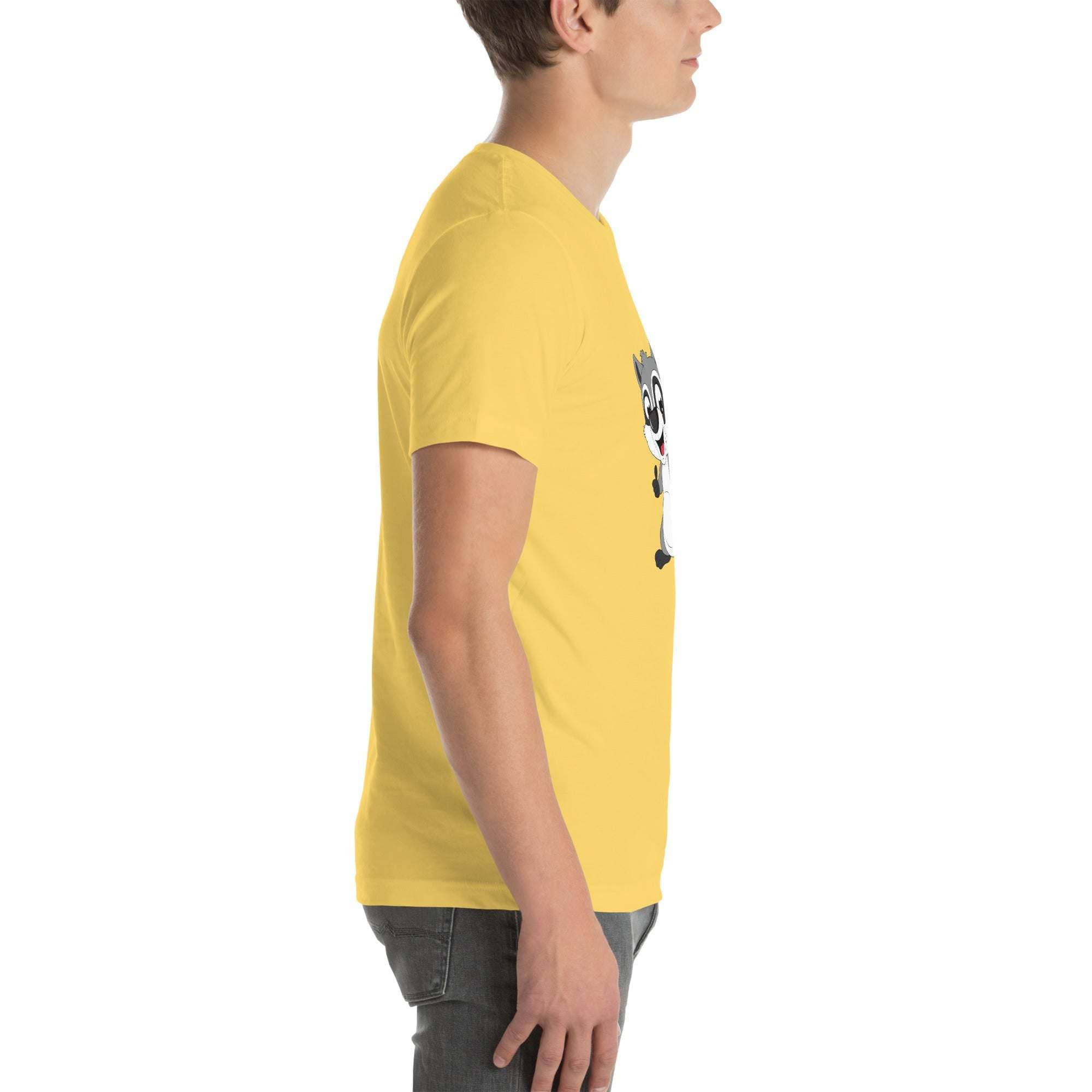 Side view of man wearing yellow Raccoon Mode T-Shirt with cartoon raccoon design and text.