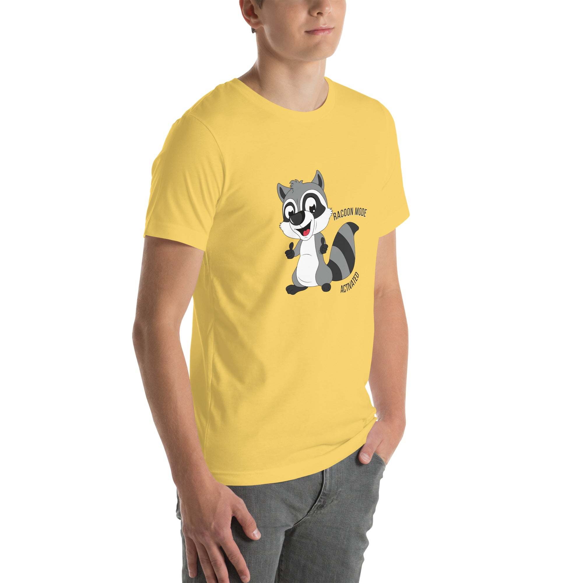 Yellow Raccoon Mode T-Shirt with cartoon raccoon and "Raccoon Mode Activated" text, soft breathable cotton, casual fun tee