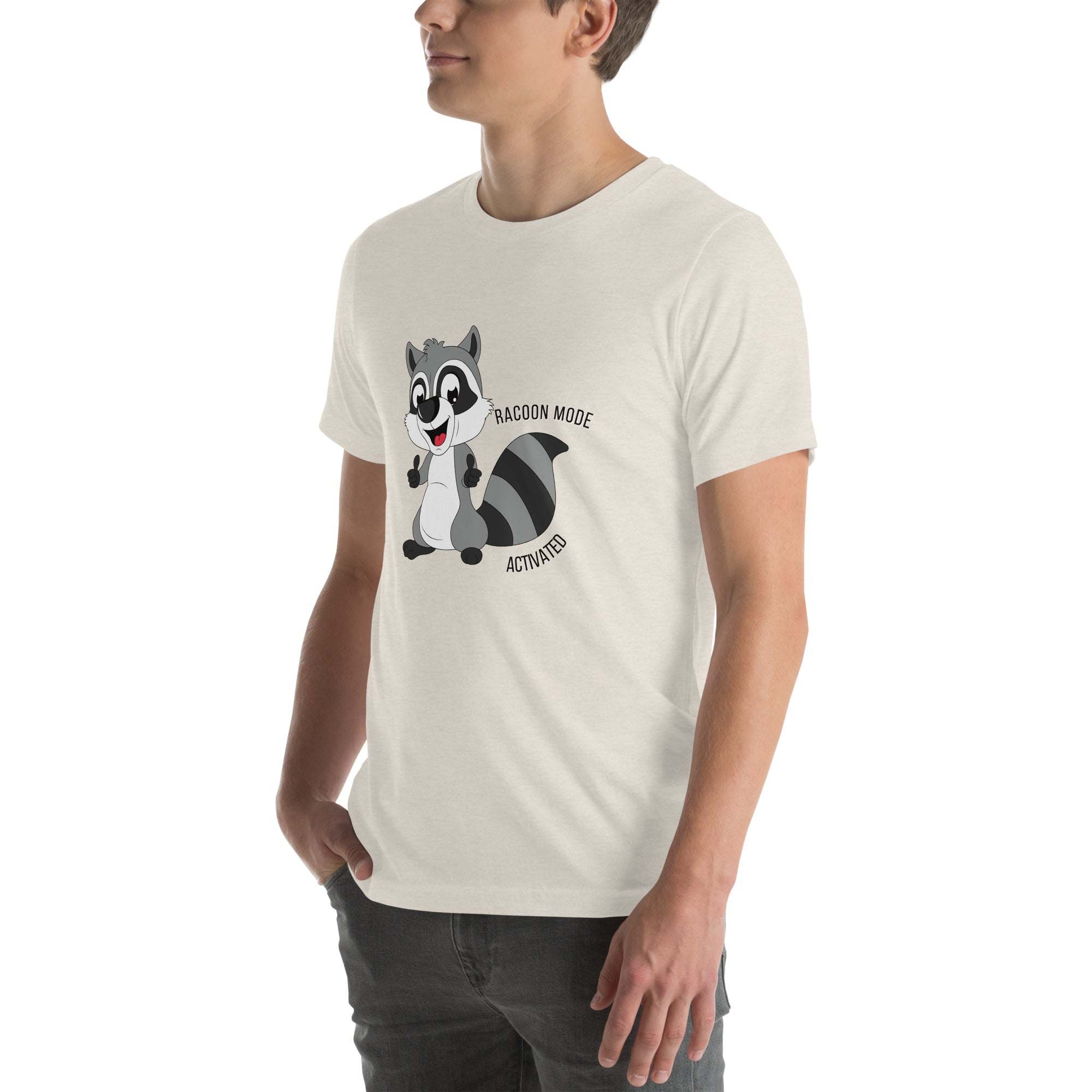Man wearing a soft cotton Raccoon Mode T-Shirt with a cute cartoon raccoon and "Raccoon Mode Activated" text