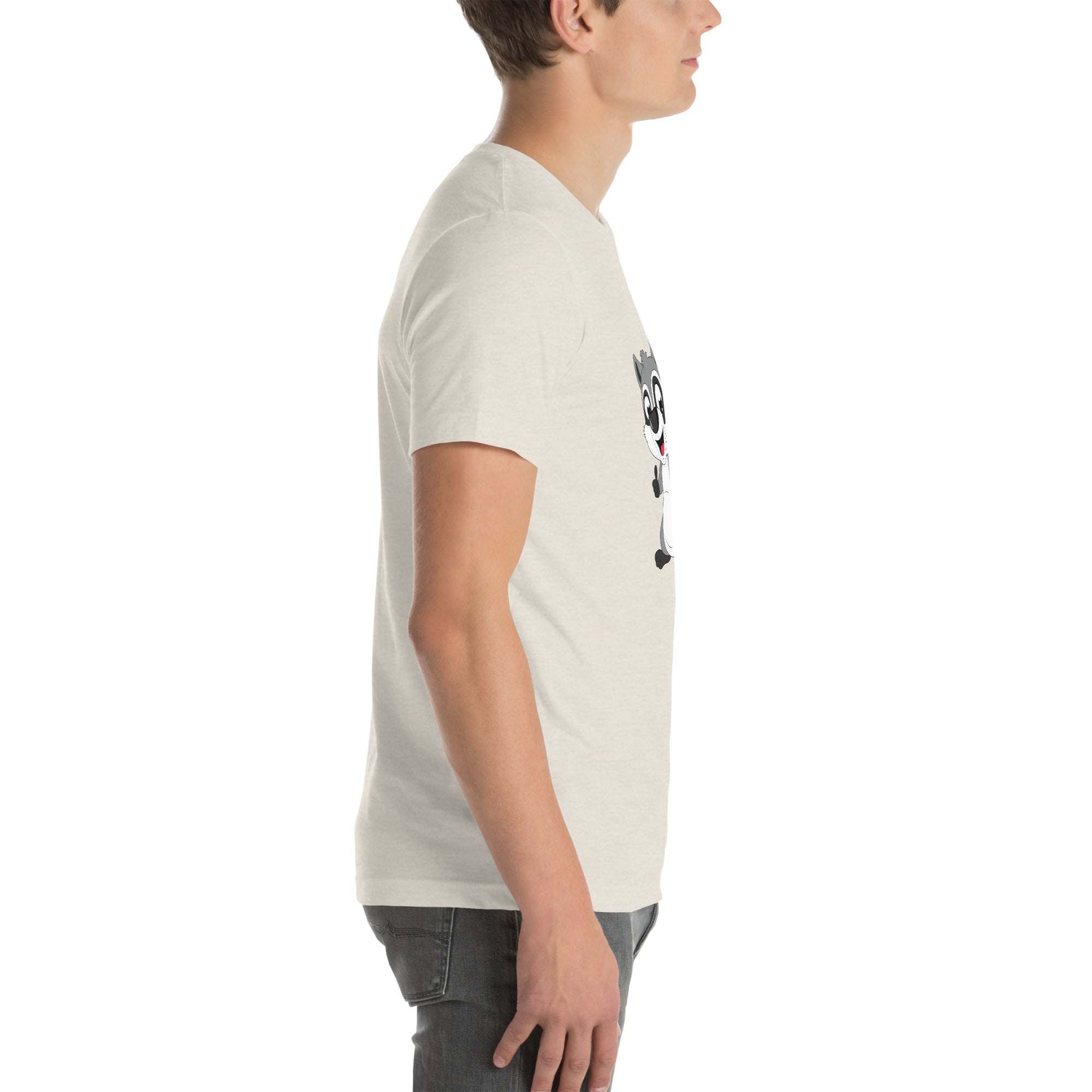 Side view of man wearing light-colored Raccoon Mode T-Shirt with cute cartoon raccoon graphic and text, made from soft breathable cotton