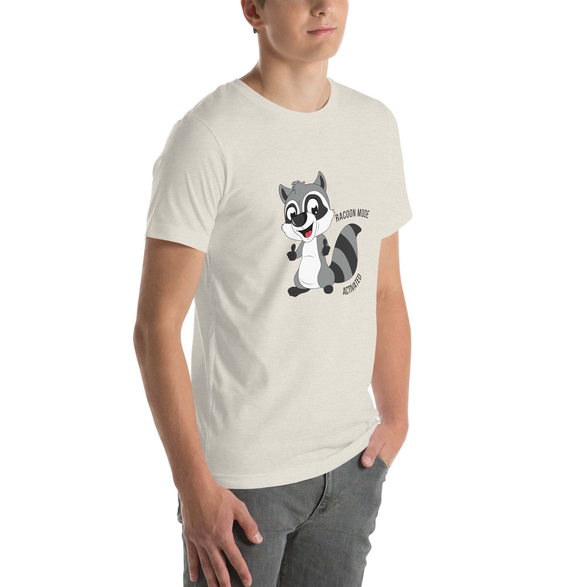 Man wearing soft cotton Raccoon Mode T-Shirt with cartoon raccoon and text Raccoon Mode Activated