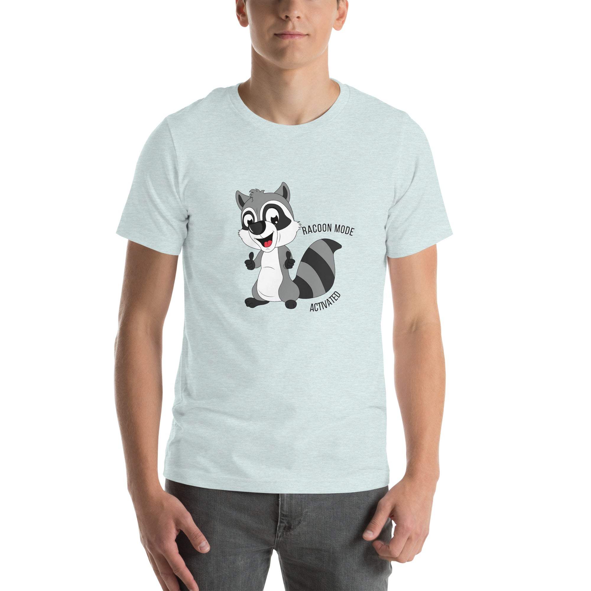 Man wearing light gray Raccoon Mode T-Shirt with cartoon raccoon and "Raccoon Mode Activated" text