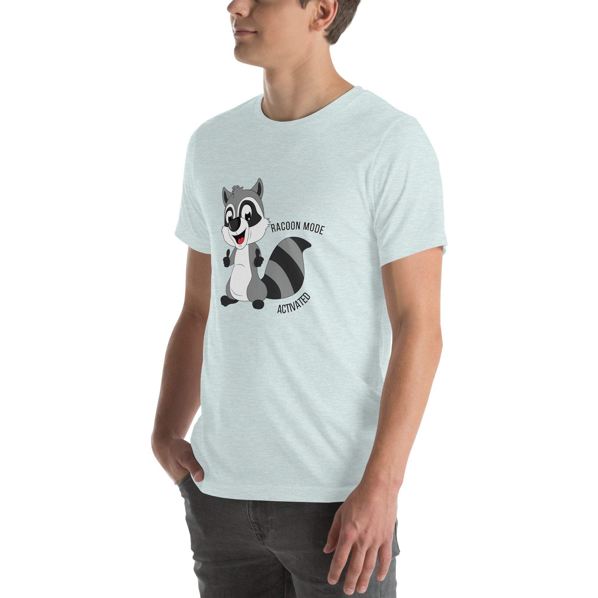Man wearing light blue Raccoon Mode T-Shirt with cartoon raccoon and text "Raccoon Mode Activated"