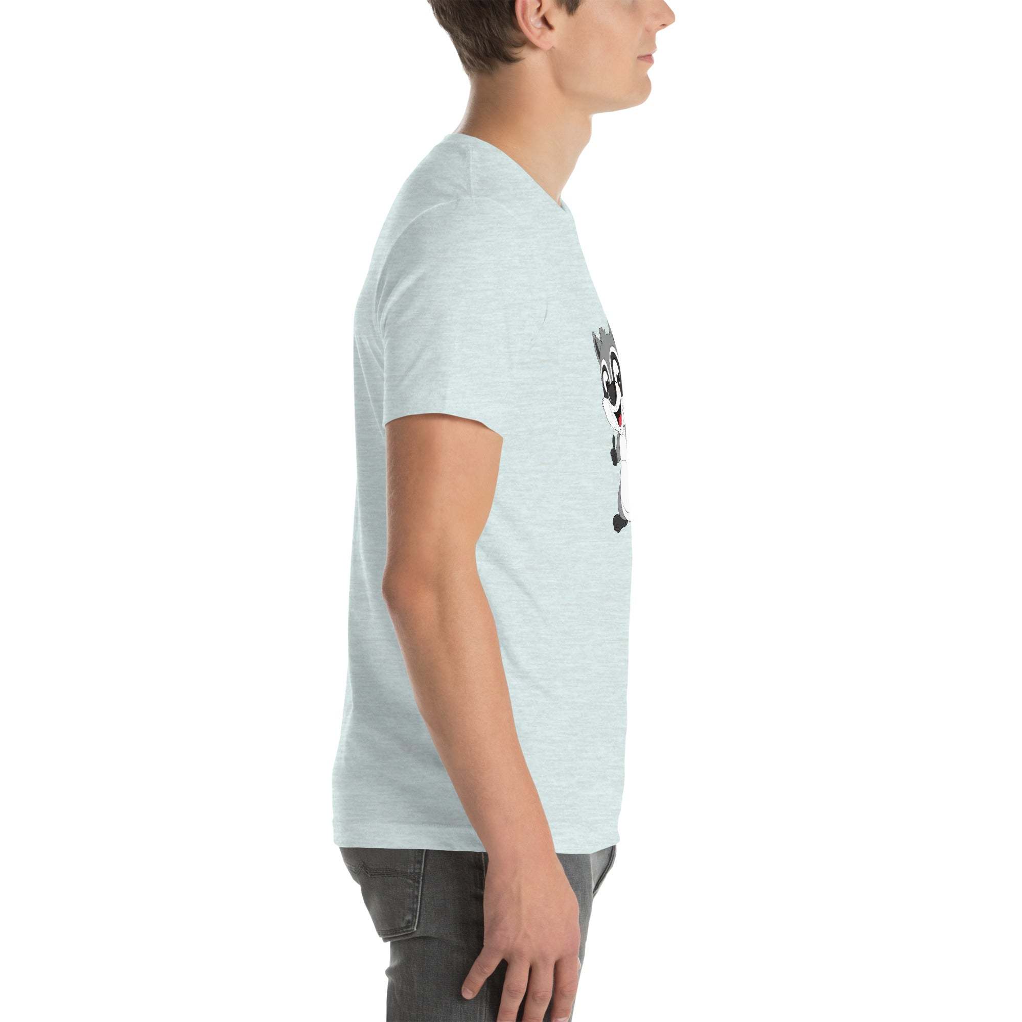 Side view of man wearing light gray Raccoon Mode T-Shirt with cartoon raccoon design and text on front